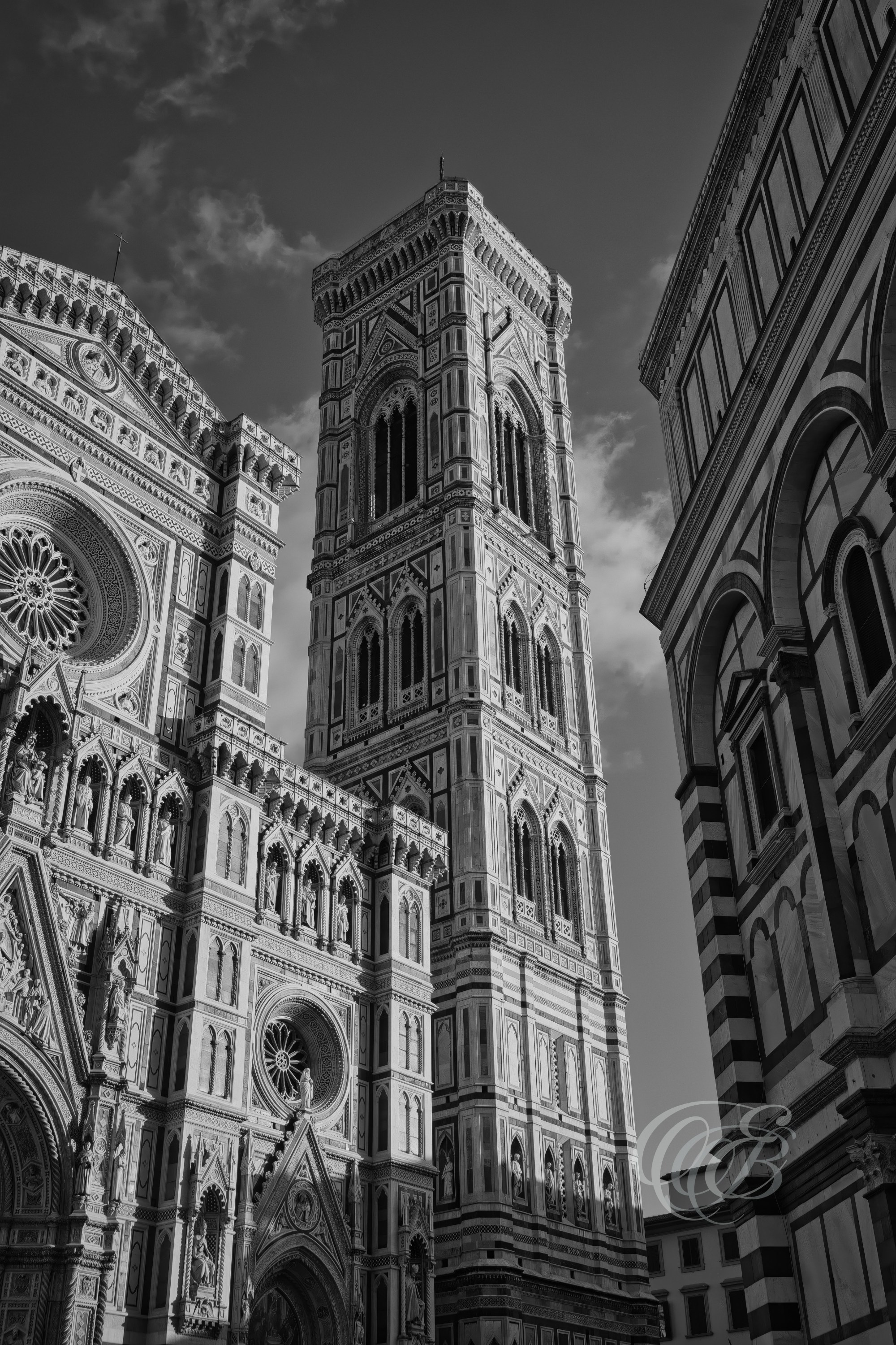 Florence Italy - Giotto's Bell Tower at Sunset - B&W - Eduardo Bartoli Fine Art Photography - Black-and-white photograph of Giotto's Bell Tower at sunset in Florence, Italy – fine art photography by Eduardo Bartoli.