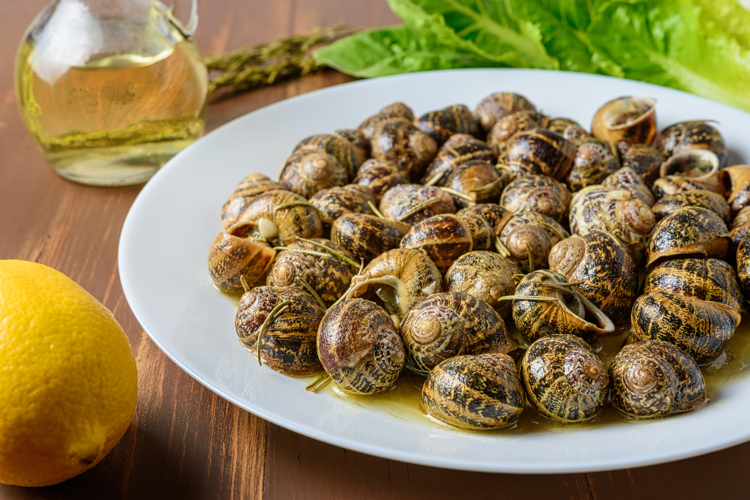 Tasty fried snails with lemon in white plate on brown wooden background.