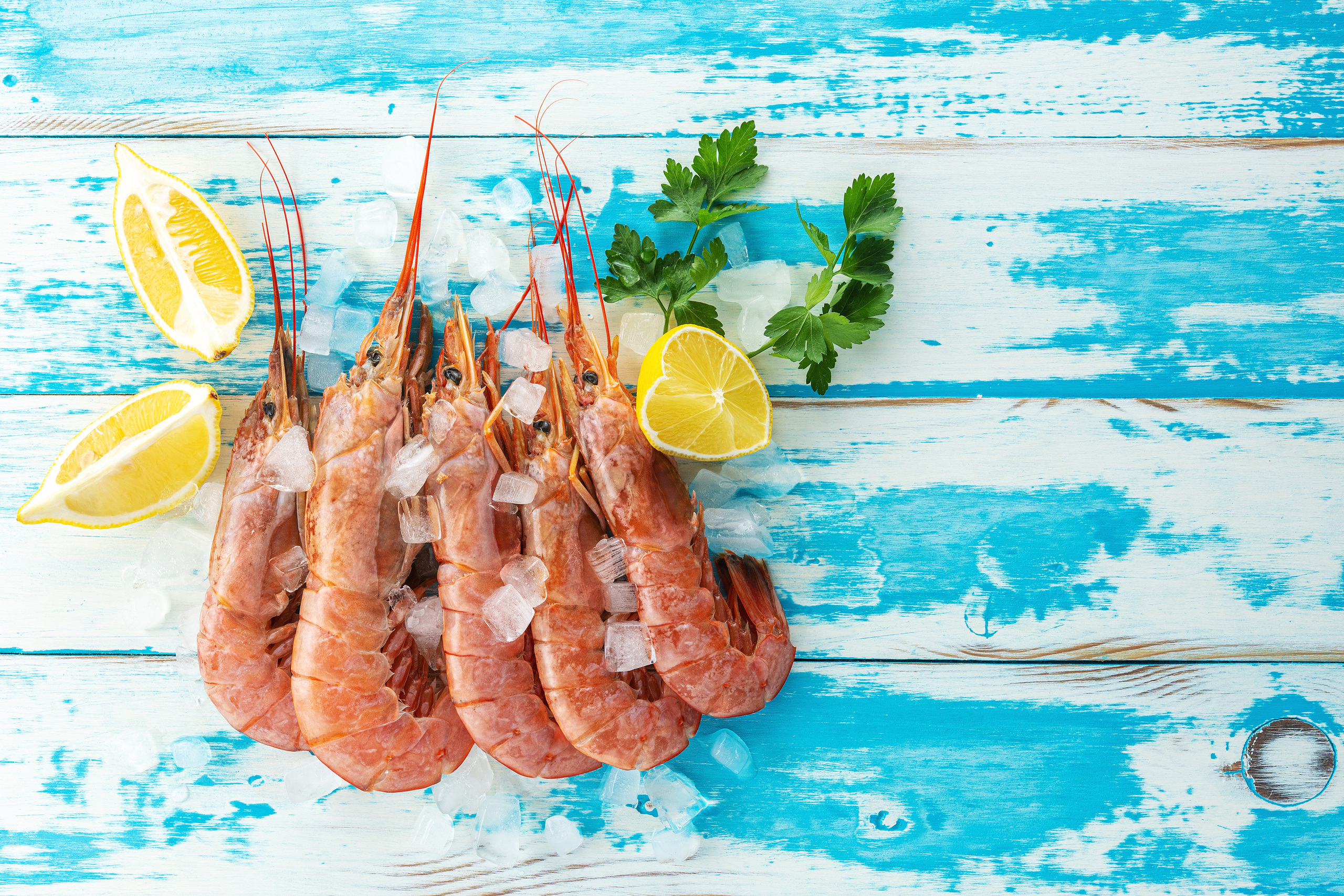 Fresh shrimps on wooden background with lemon slice and ice cubes.