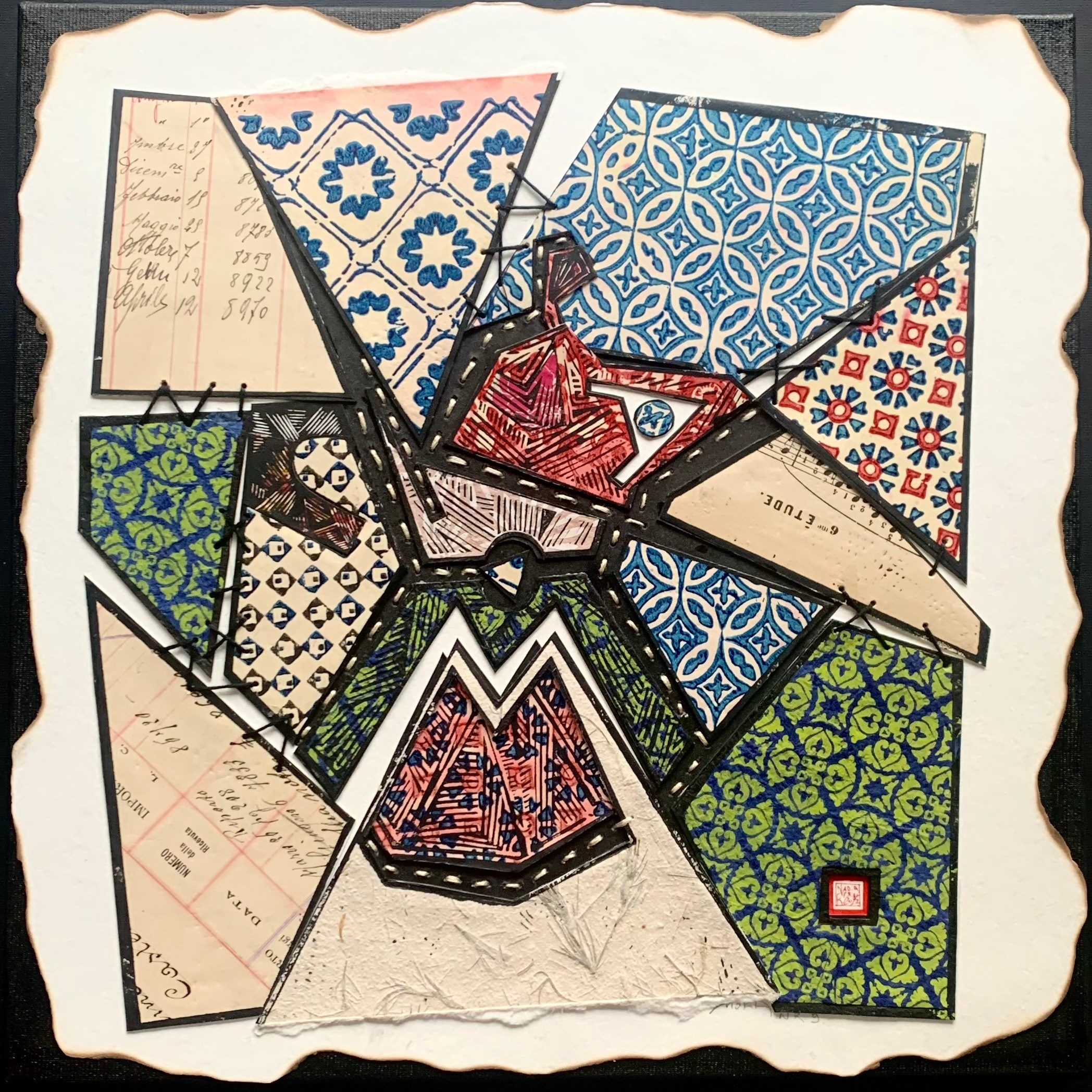 moka collage artwork square canvas dancing paper futurist series collection blue pattern collection, linocut print, handmade, coffee, square, art collection, caffettiera, legend