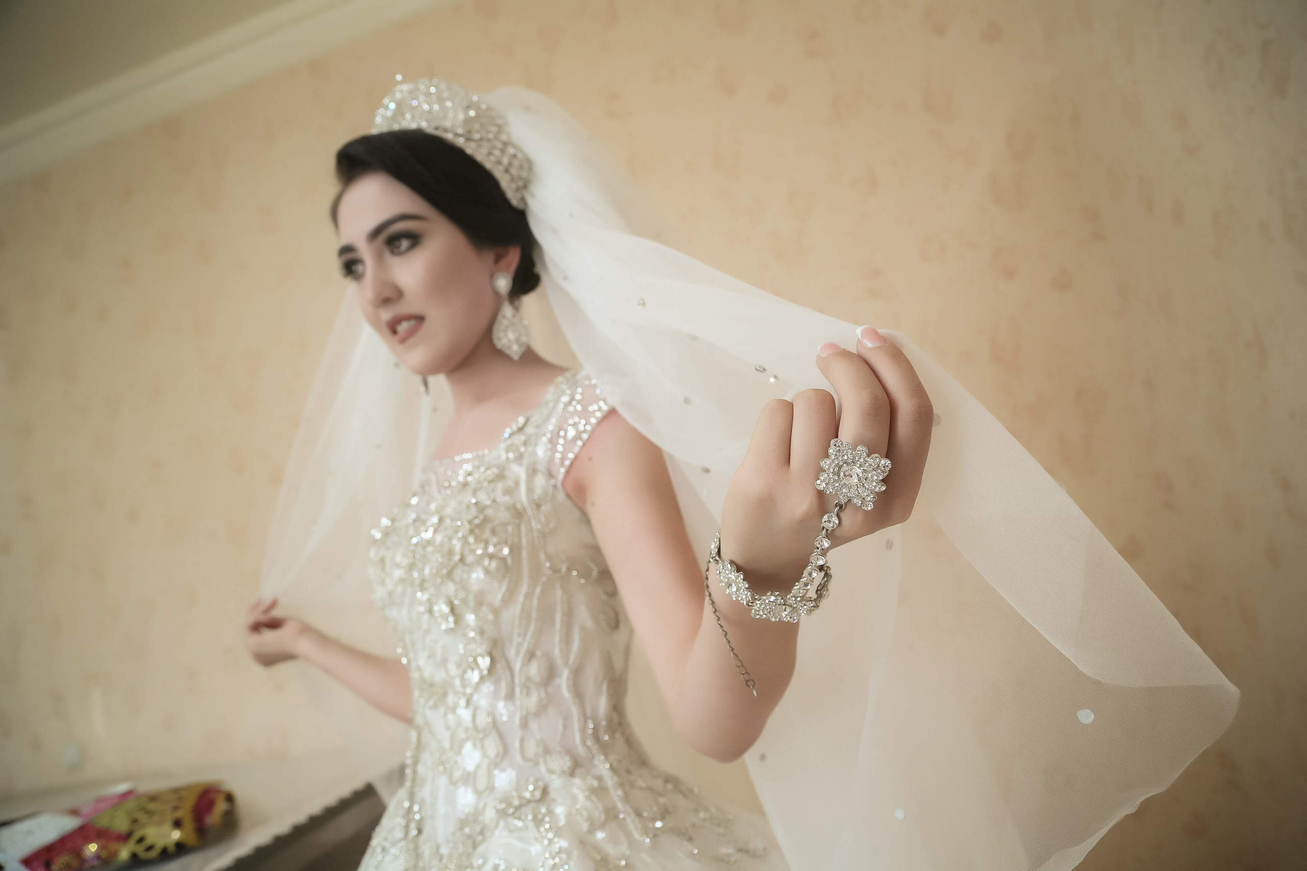 Tajik wedding, portrait of Asian bride, wedding dress. Wedding and family photographer in Cork, Ireland. Tigran