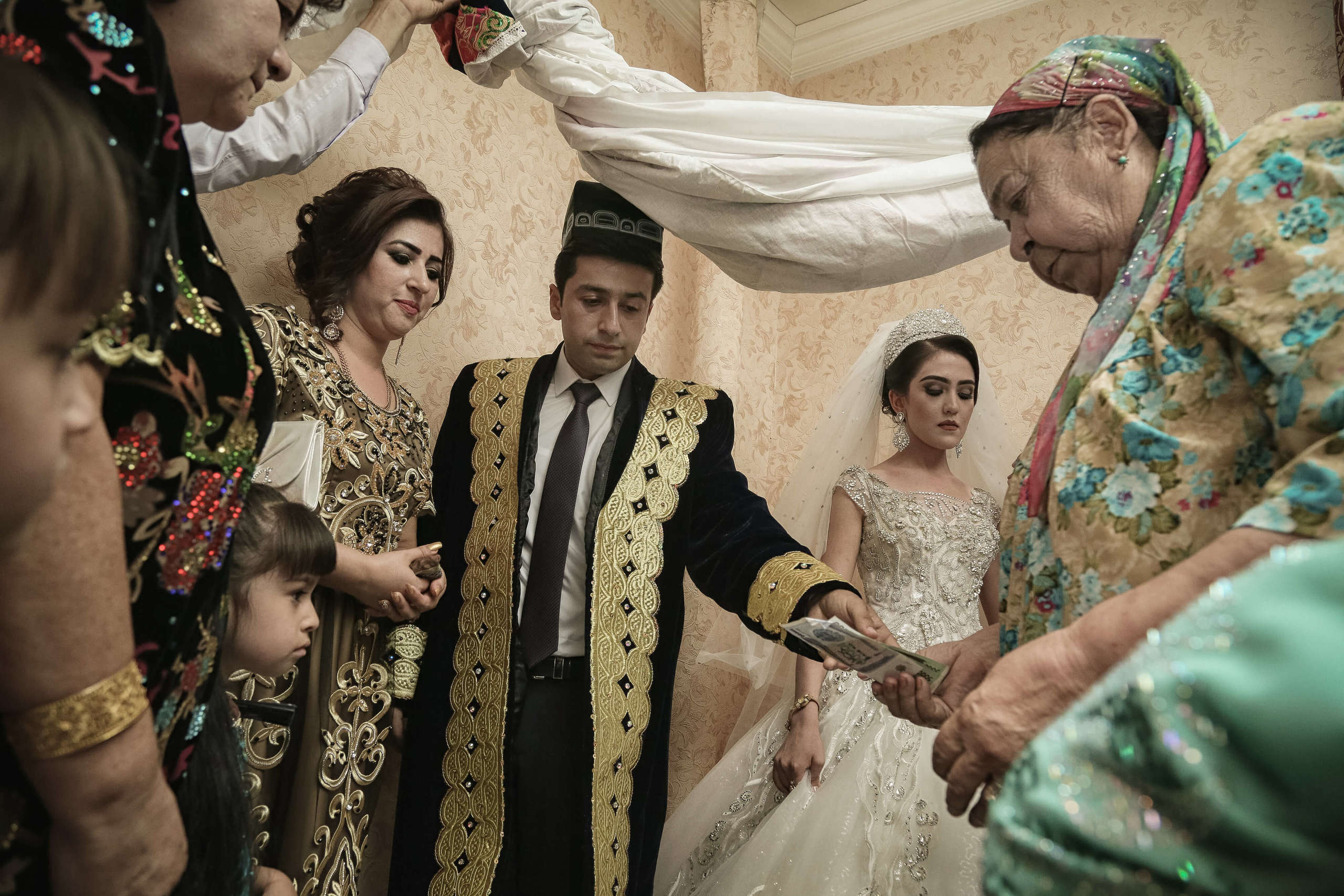 Tajik wedding, portrait of Asian bride, wedding dress. Wedding and family photographer in Cork, Ireland. Tigran