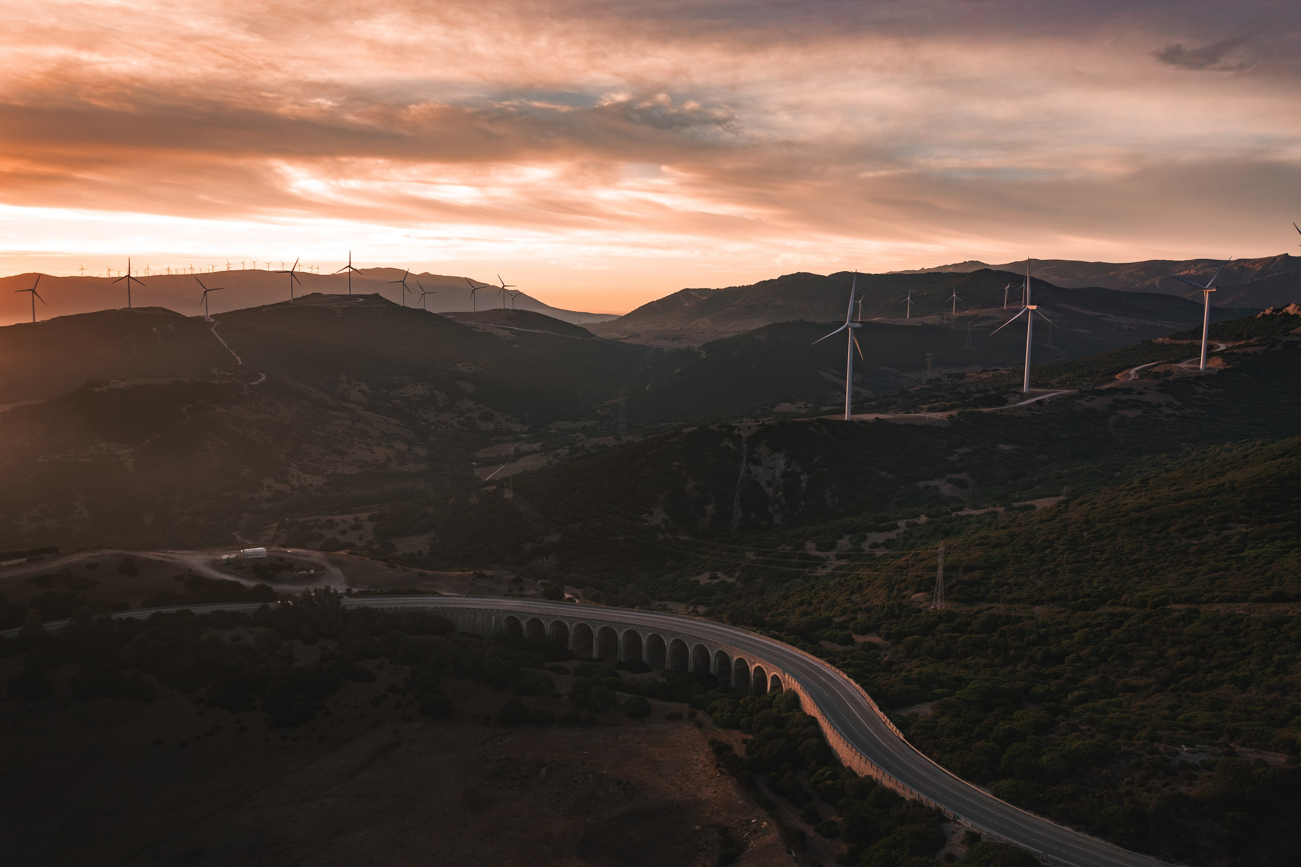 Aerial view of Tarifa hills and wind farms, captured by Marbella drone photographer