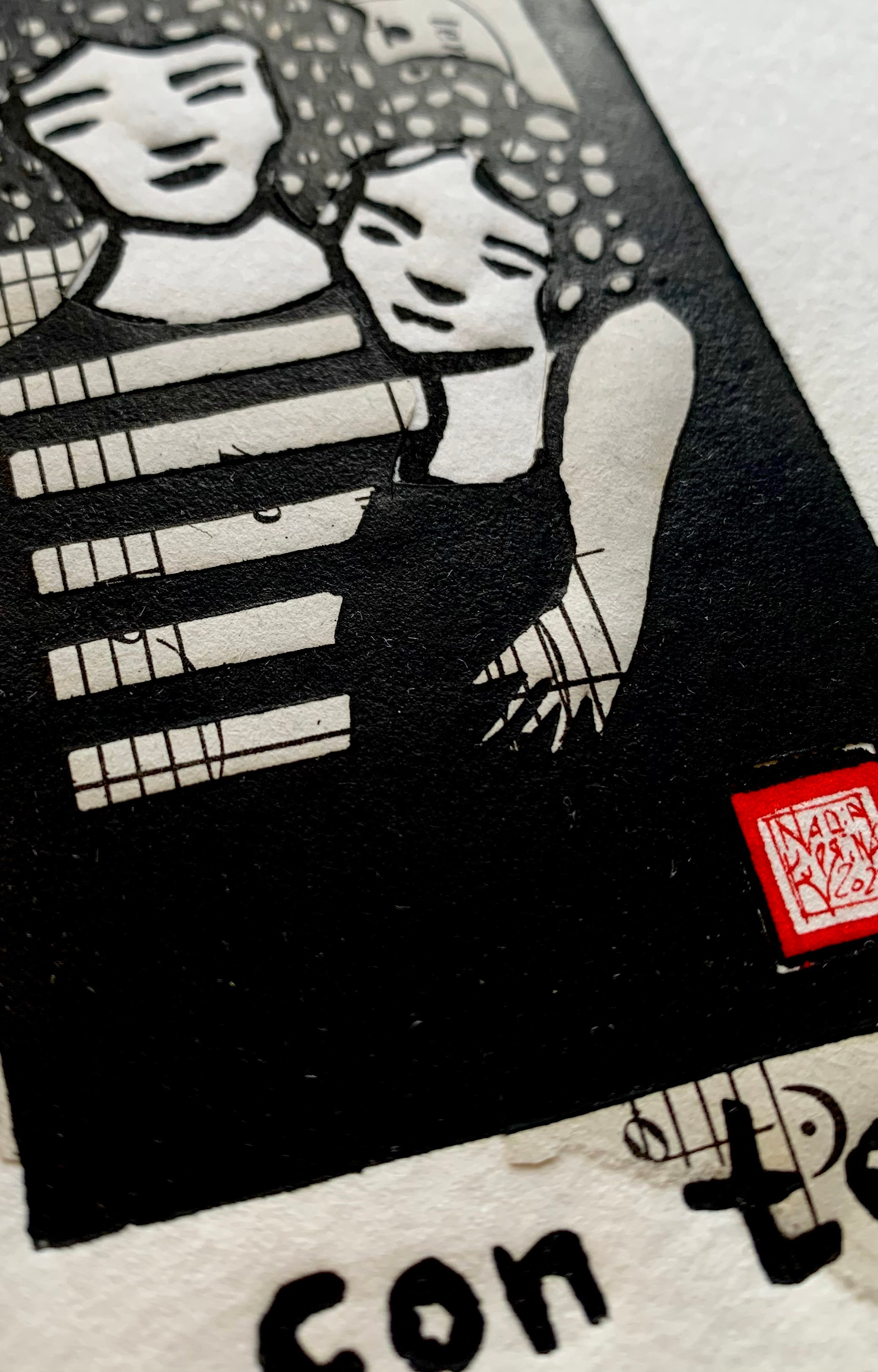 Small print, linocut, linogravure, linograbado, hand print, lovestory, family story, collage, collage art, collage print, brother and sister, siblings, fratello, sorella, bambini, children, childhood, family, family album, with you, con te