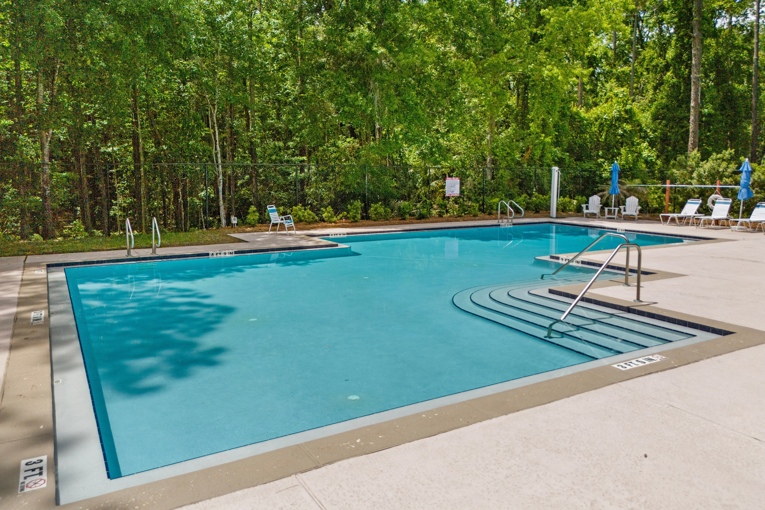 Outdoor swimming pool surrounded by lush green trees