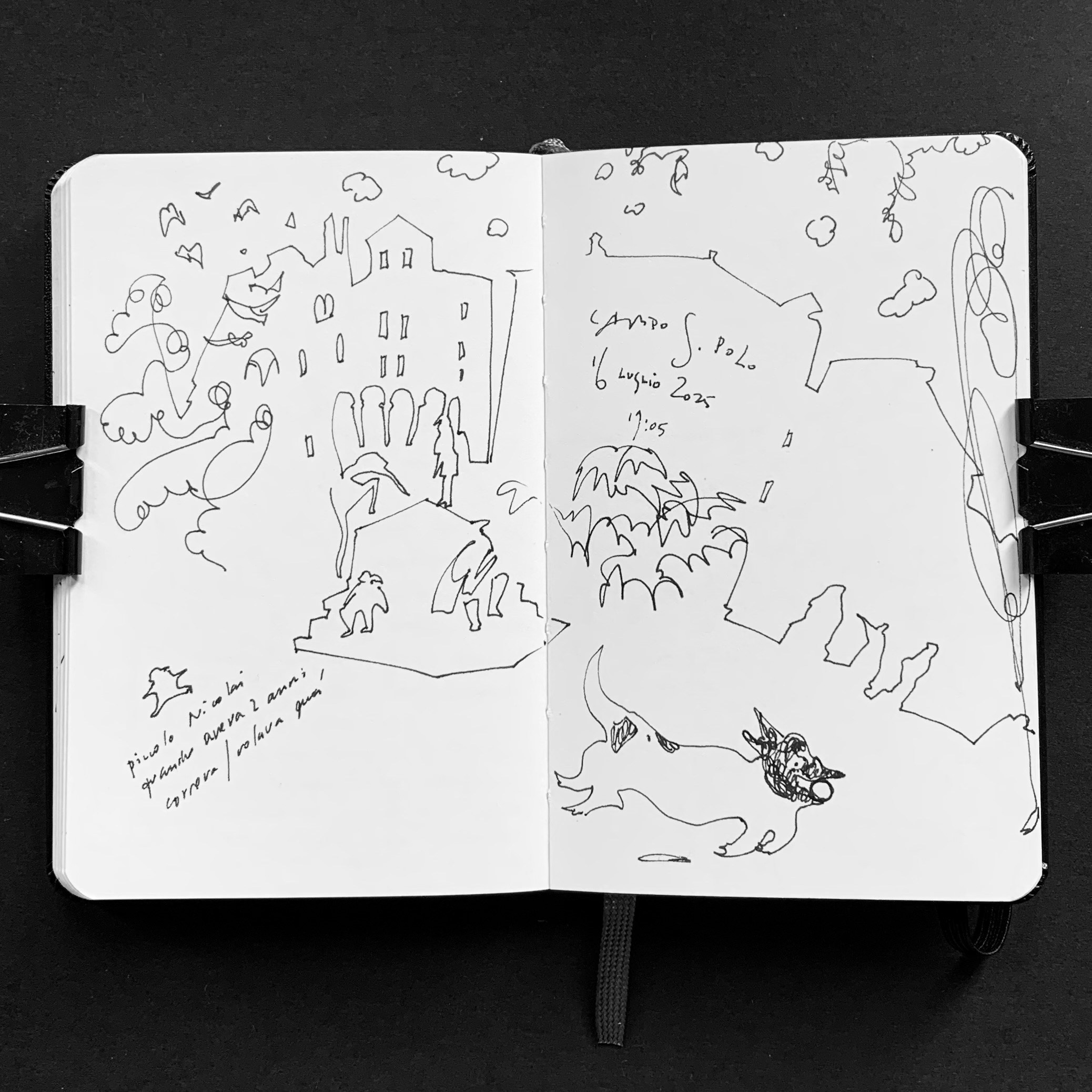 Moleskine notebook with hand-drawn sketches made in Venice, showcasing Nadia Kuprina’s exploration of drawing and the tactile experience of a personal sketchbook
