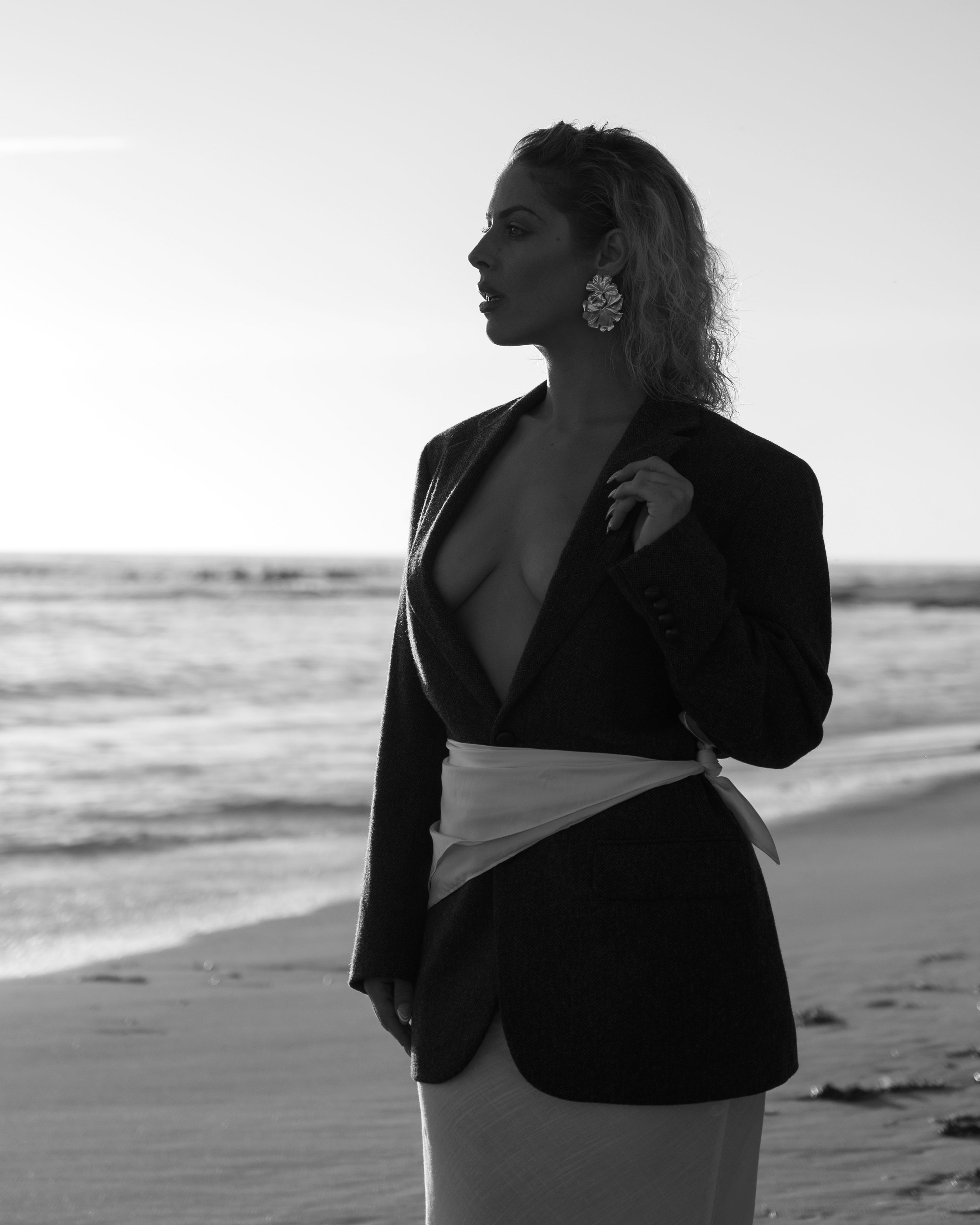 Model test on the beach during sunset, stylish and elegant photography for fashion portfolio in San Francisco