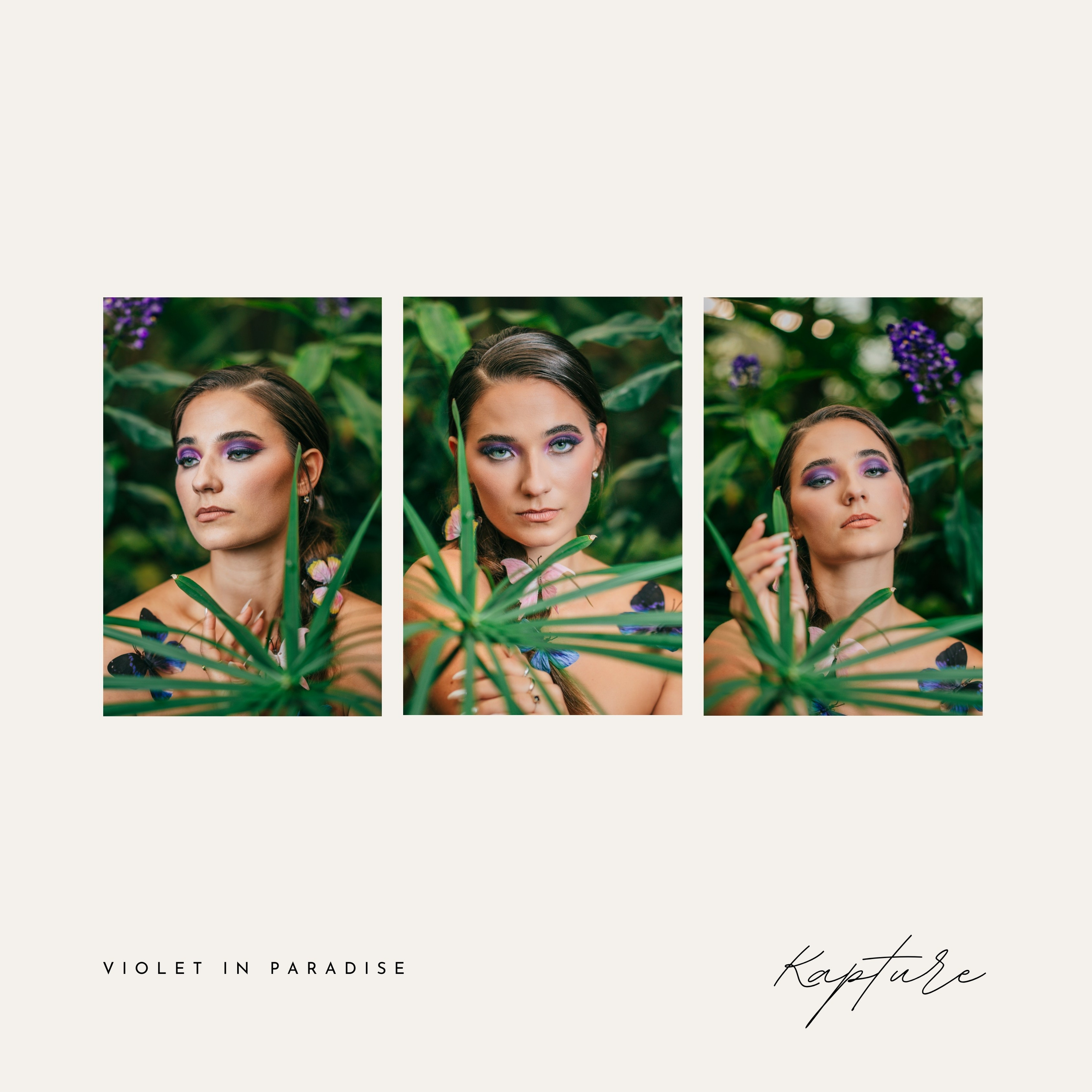 Kapture Fotografie - Fashion model met opvallende paarse make-up in een tropische groene setting – creatieve modefotografie