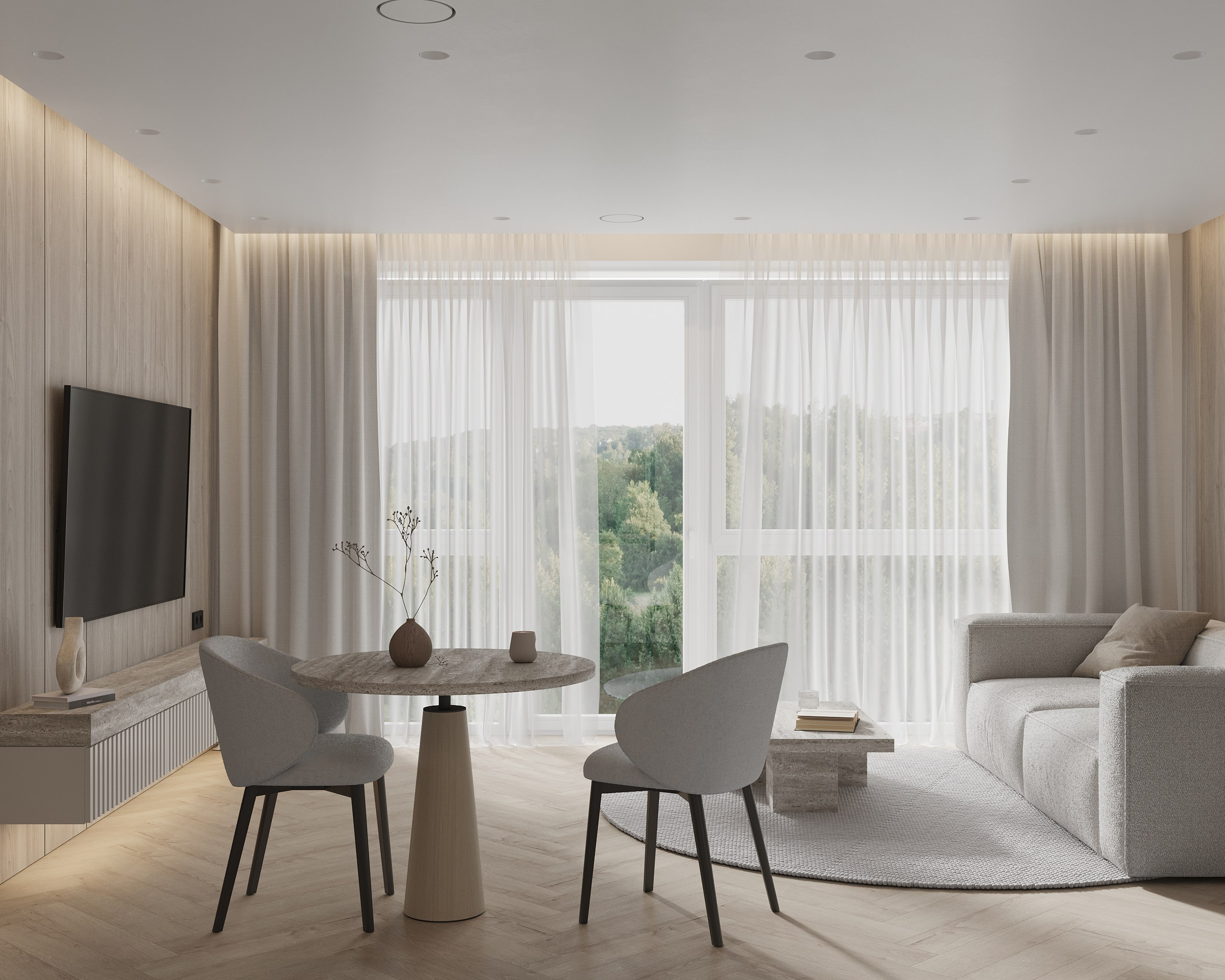 Story of Wood and Travertine. Simple Archs — high quality visualizations for your interior projects