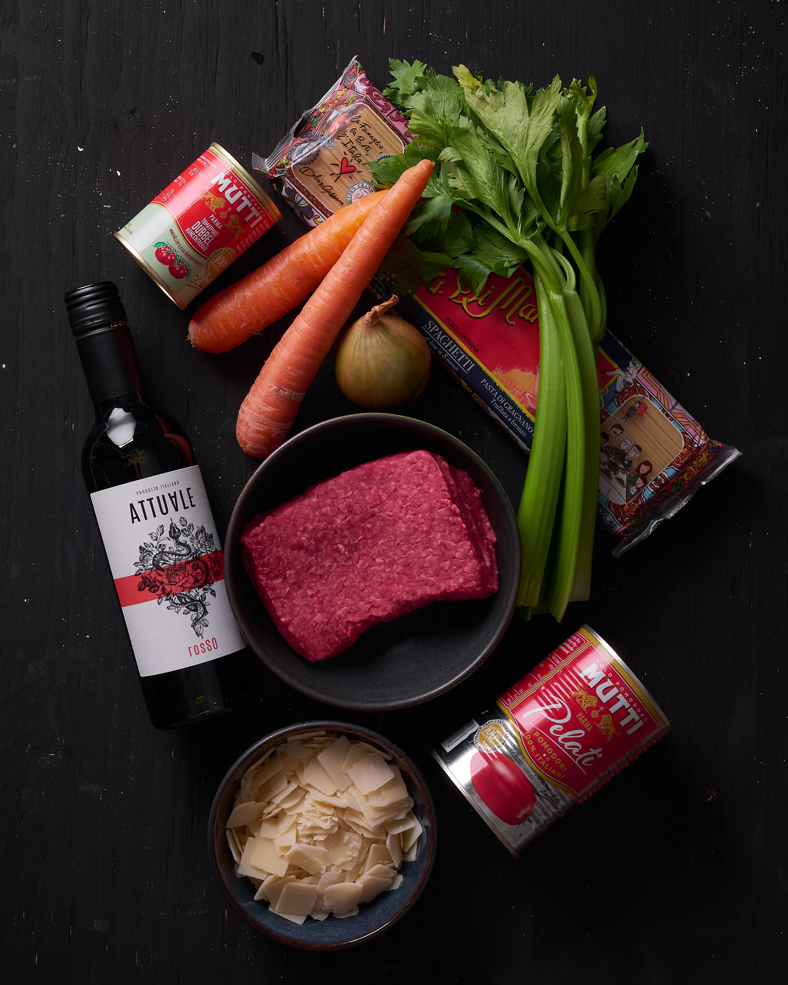 ground beef, red wine, tomato sauce, parmesan, carrot, celery, pasta