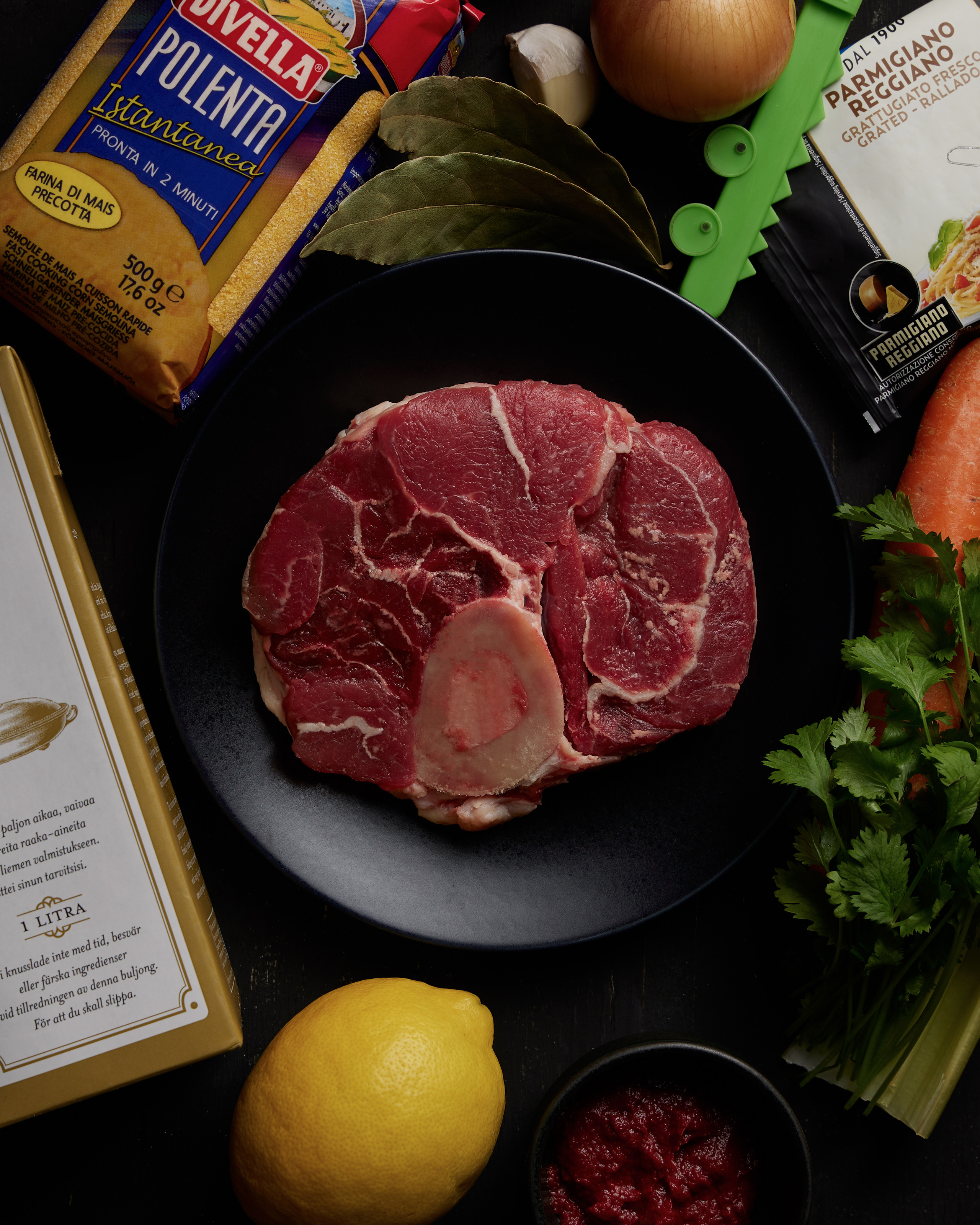 osso buco raw meat, chicken stock, polenta, lemon