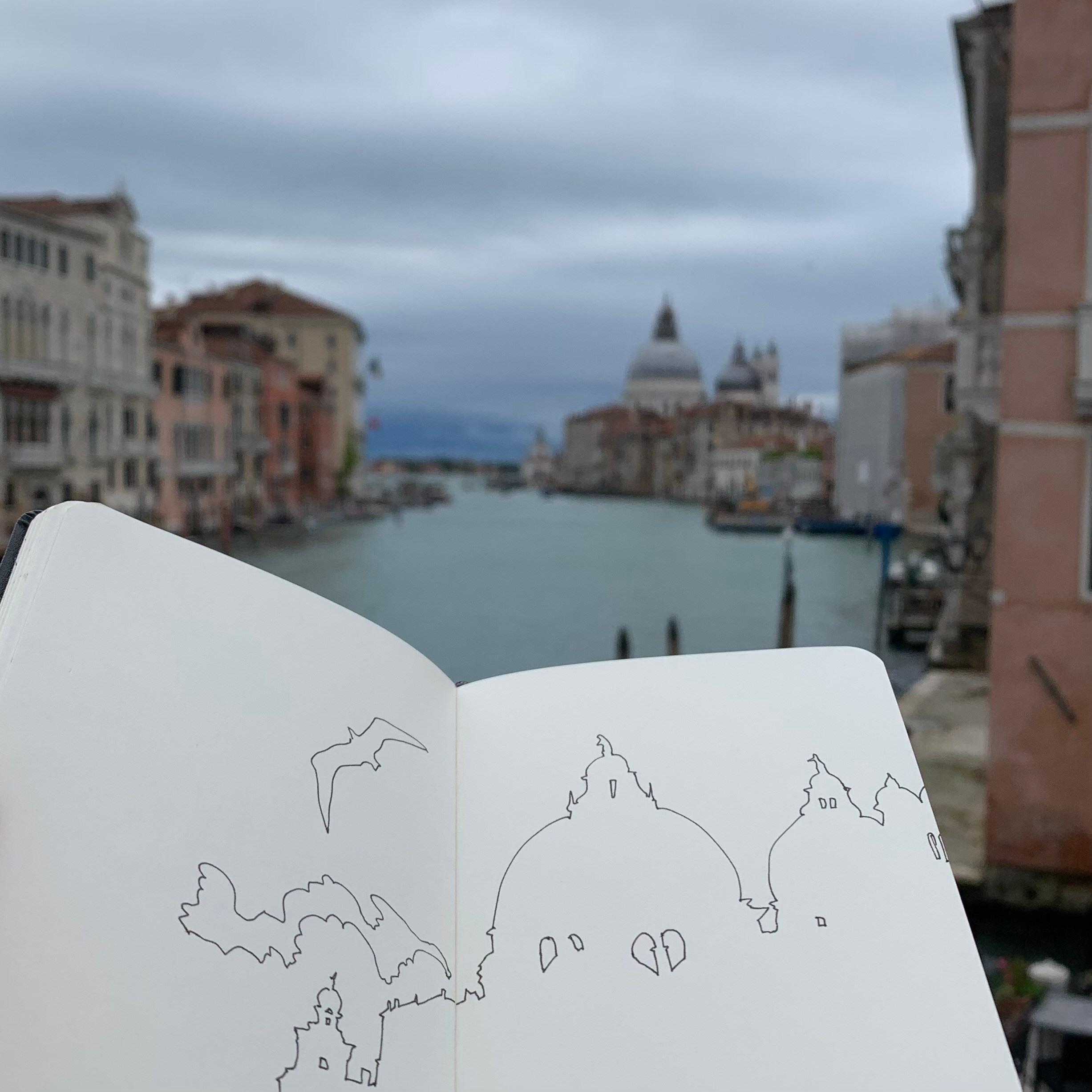 Moleskine notebook with original drawings made in Venice, works on paper developed as part of an artist’s editorial project. A photo of the artist’s Moleskine notebook.