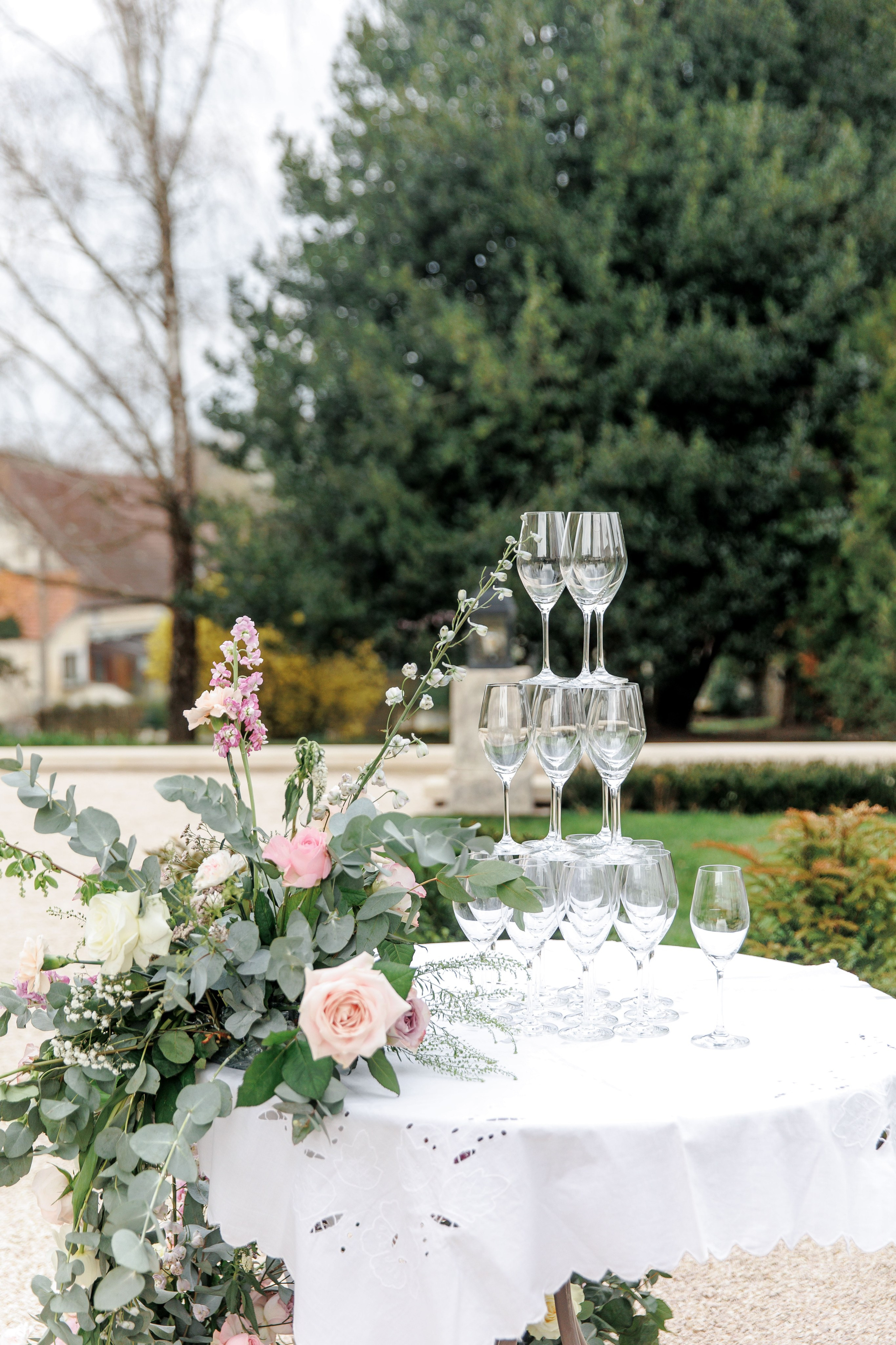 Beautifully decorated wedding reception table set up in France. 