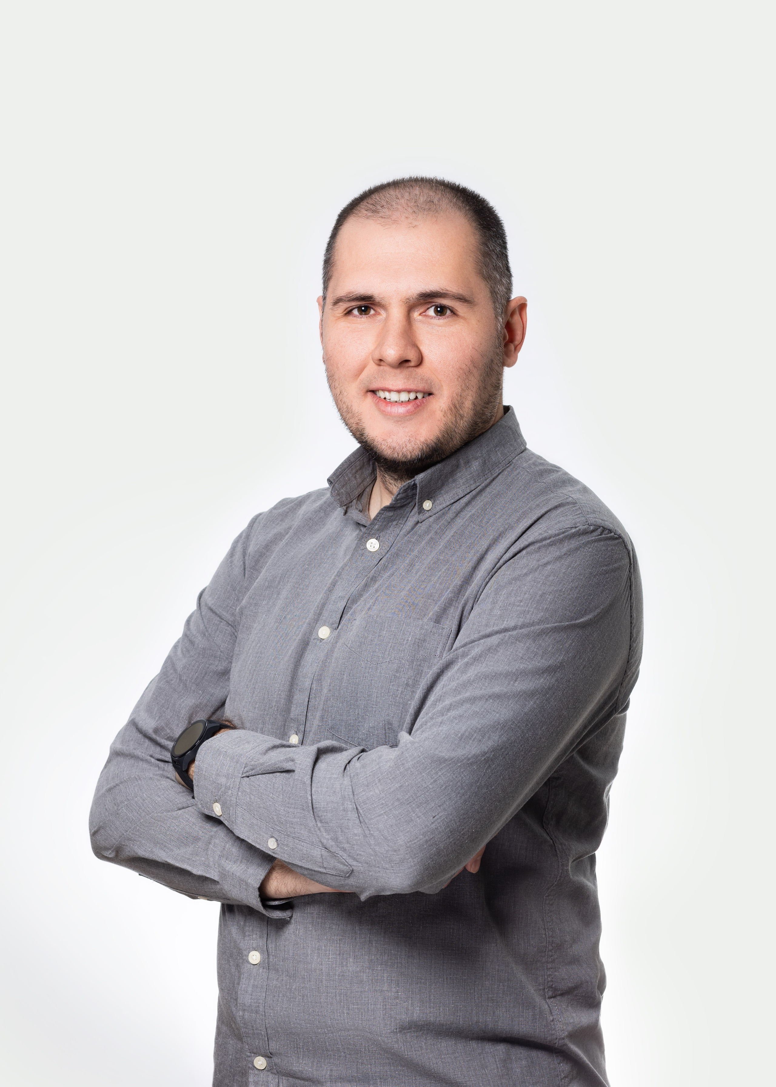 Corporate team member at 1 click Marketing, a business portrait on a white background