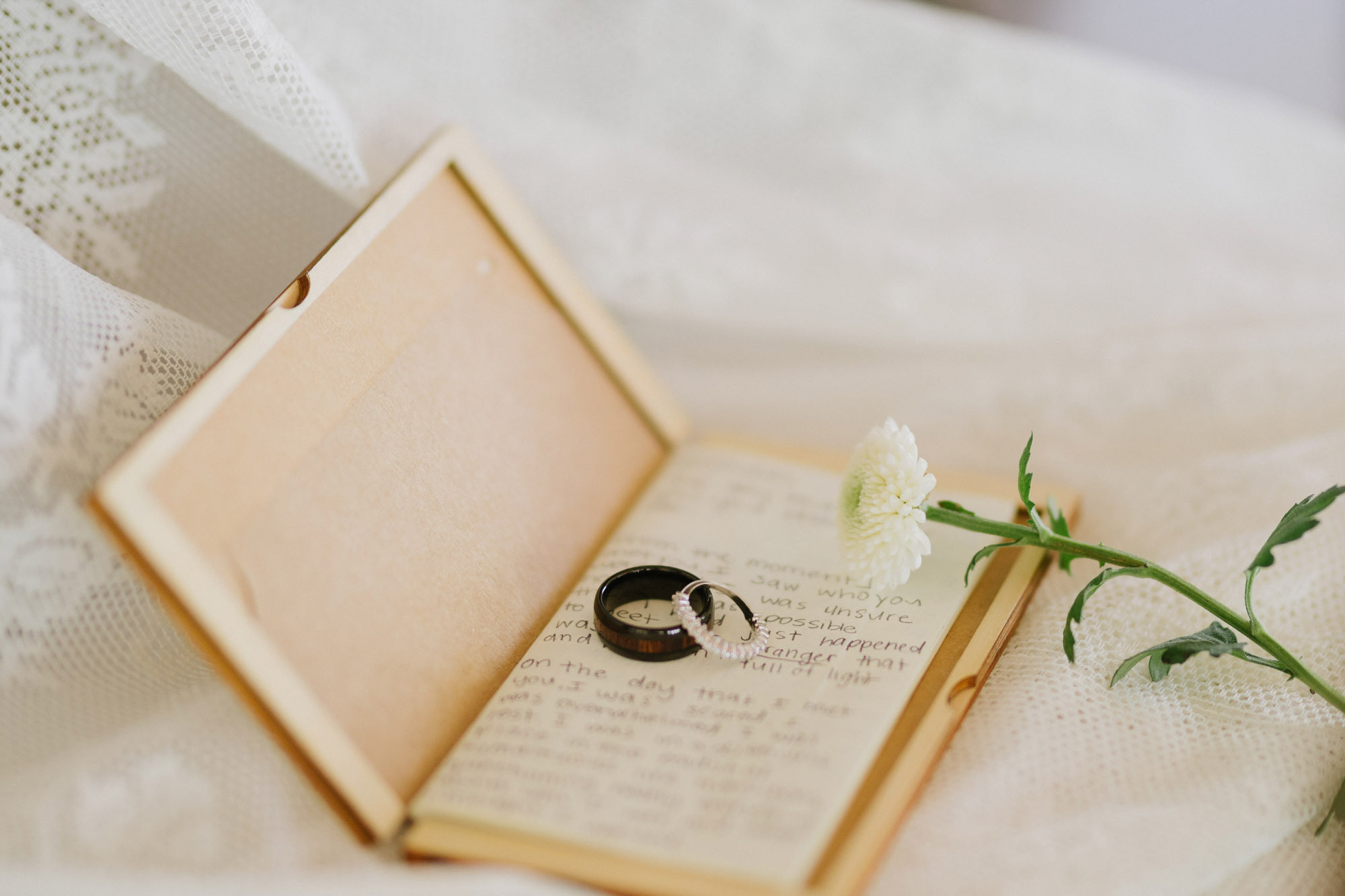 The newlyweds' wedding rings on their wedding vows. 
