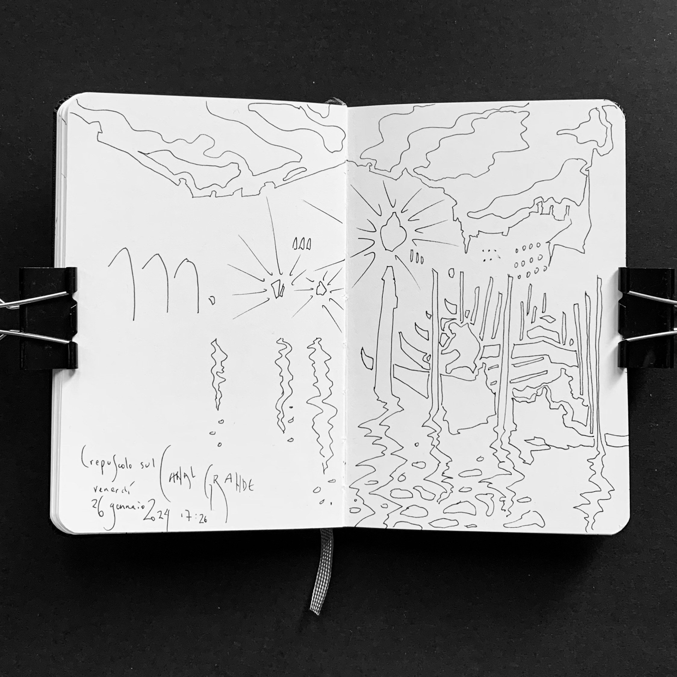 Moleskine notebook with hand-drawn sketches made in Venice, serving as an artist’s visual diary and personal testimony within a contemporary practice. Drawing of twilight.
