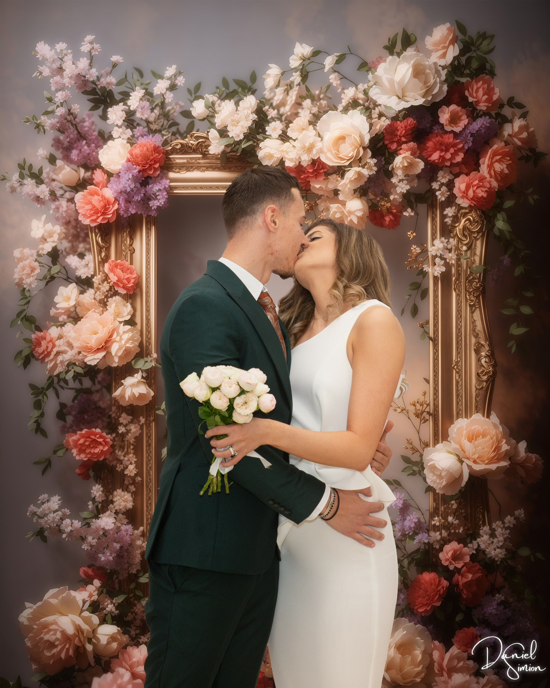 Bride and groom kissing in front of an ornate floral frame backdrop, bride holding a bouquet of white flowers.