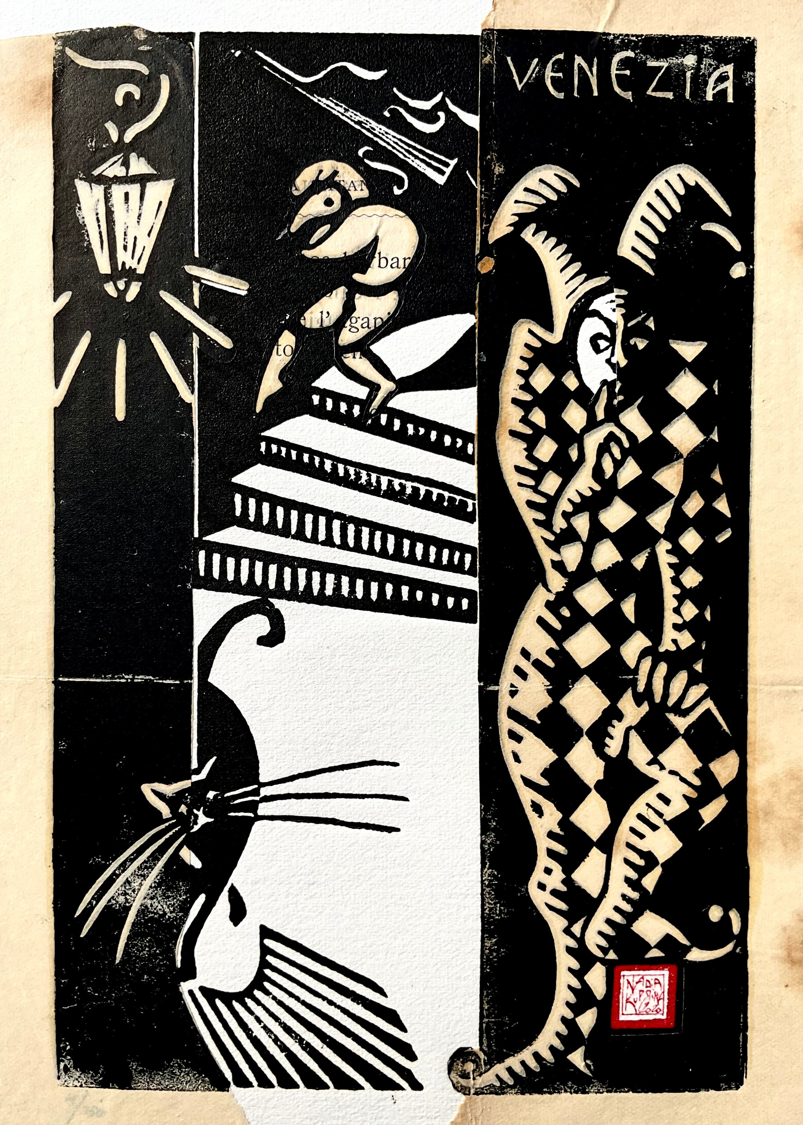 Stampa d’arte, linoleografia, cartolina, a mano, edizione limitata, grafica d’autore, grafica d’arte, Arlecchino, Pulcinella, gatto nero,  Venezia