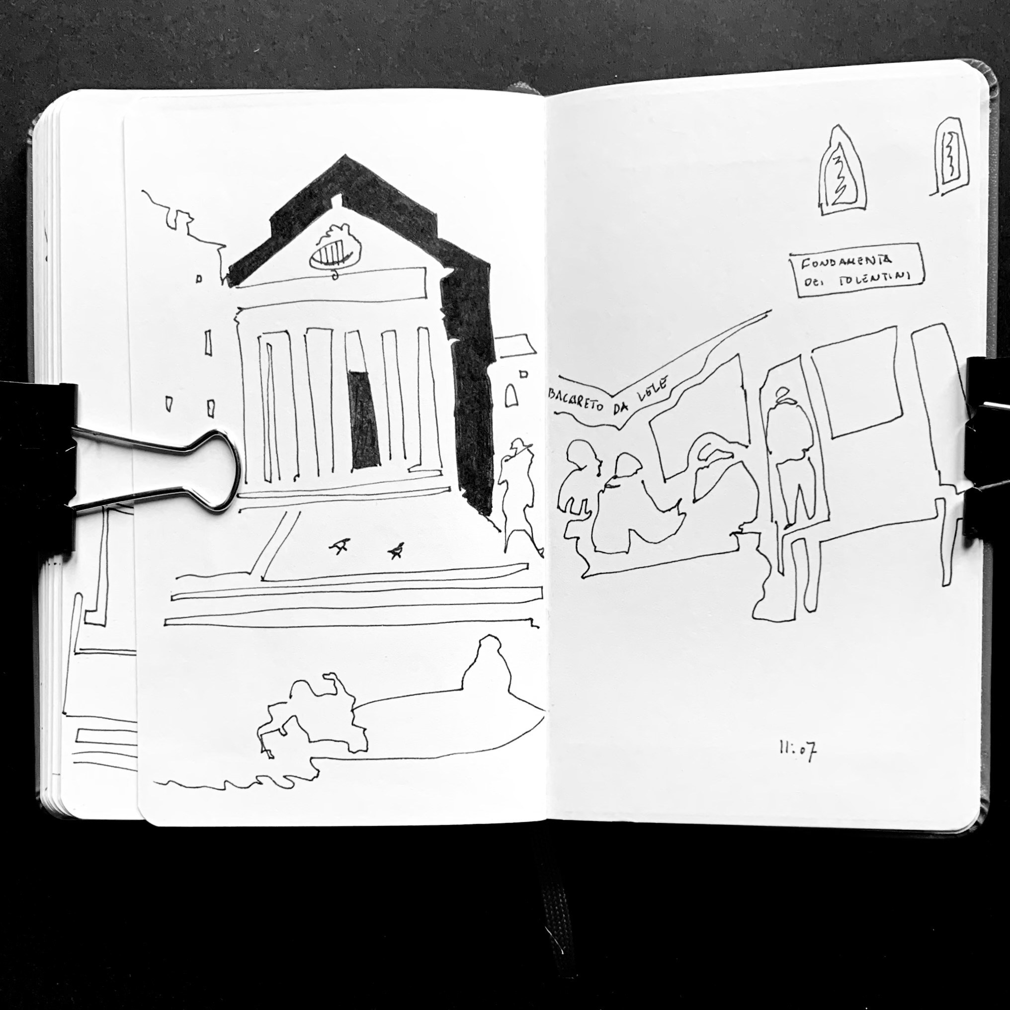Moleskine notebook with hand-drawn sketches made in Venice, reflecting Nadia Kuprina’s daily drawing practice rooted in observation and visual research. A contrast drawing of a Venetian church.