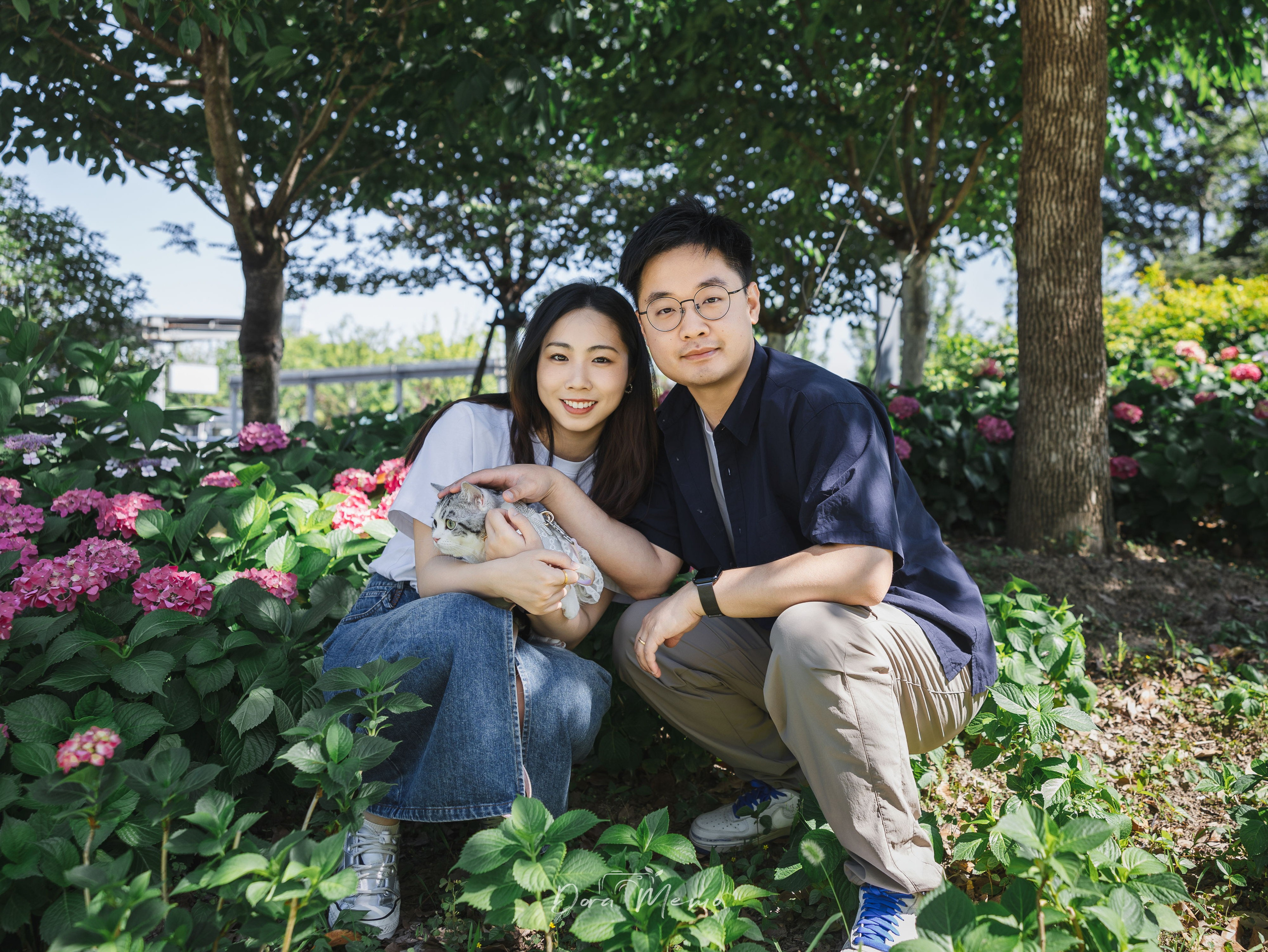 Couple crouching among pink hydrangeas, woman holding their cat, man's hand on her shoulder