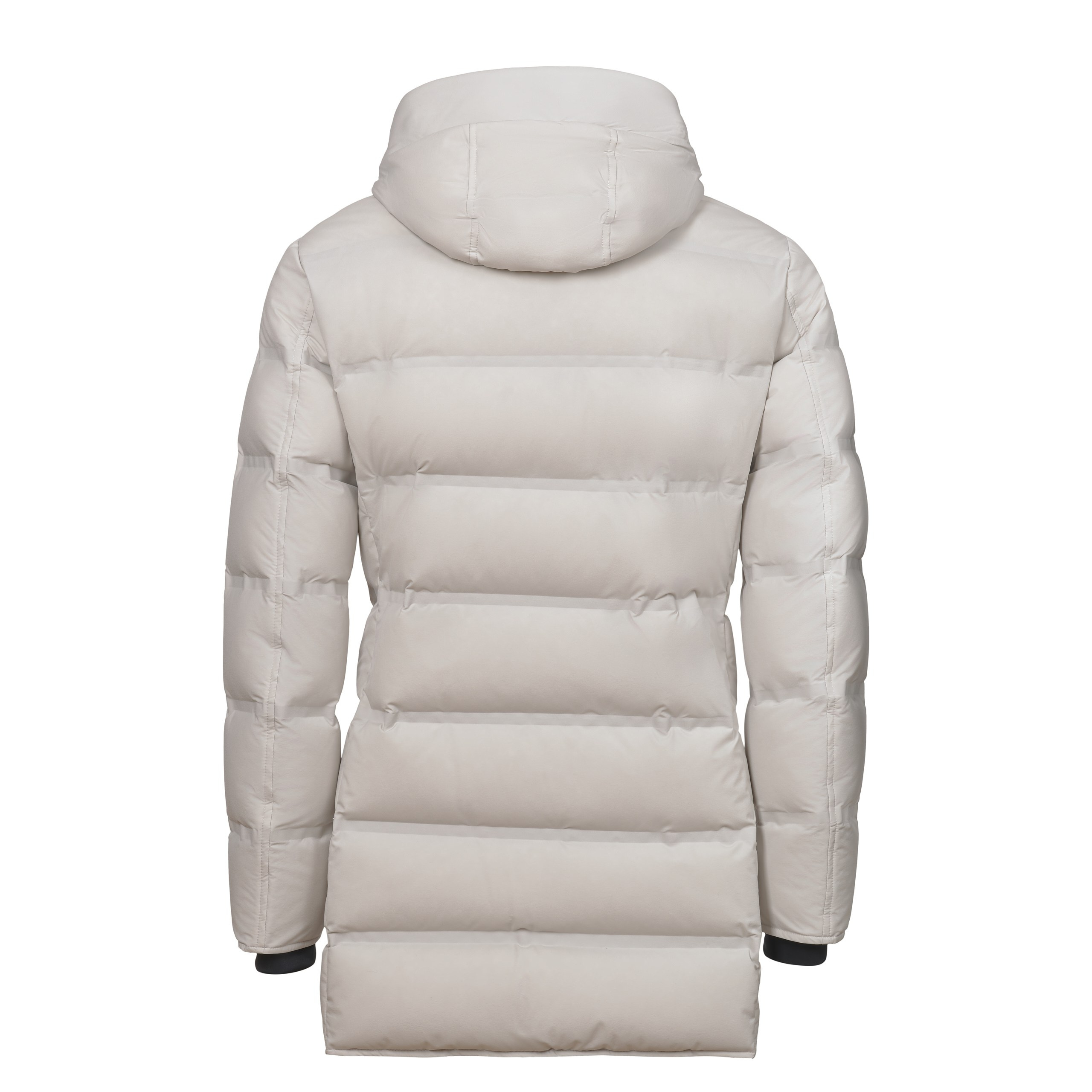 Unsichtbare Mannequin-Fotografie – Rückansicht/¾-Ansicht des Winterparkas in Nebelgrau.