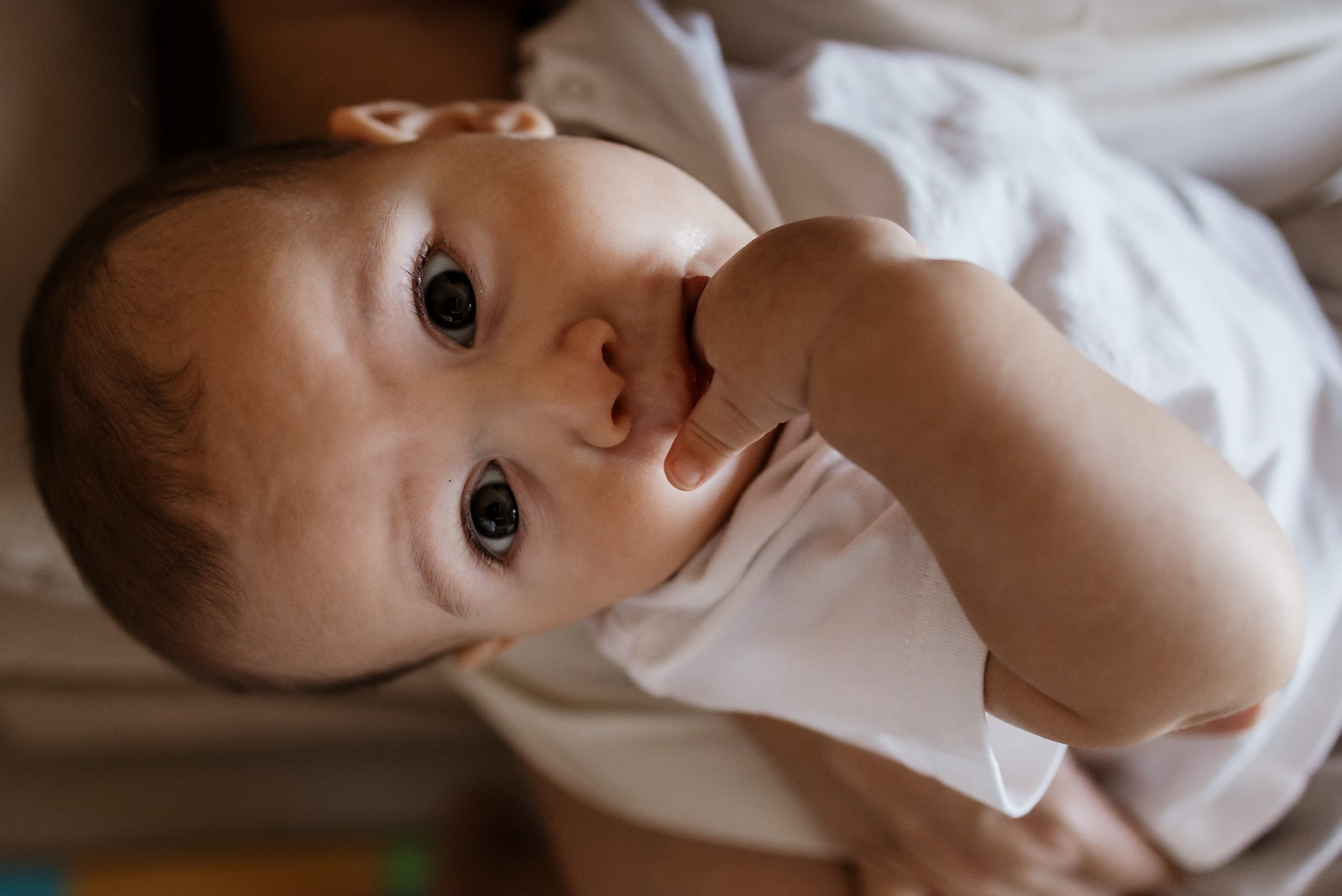 Rotina de família com bebê de 6 meses em casa, com brincadeira, banho e introdução alimentar.