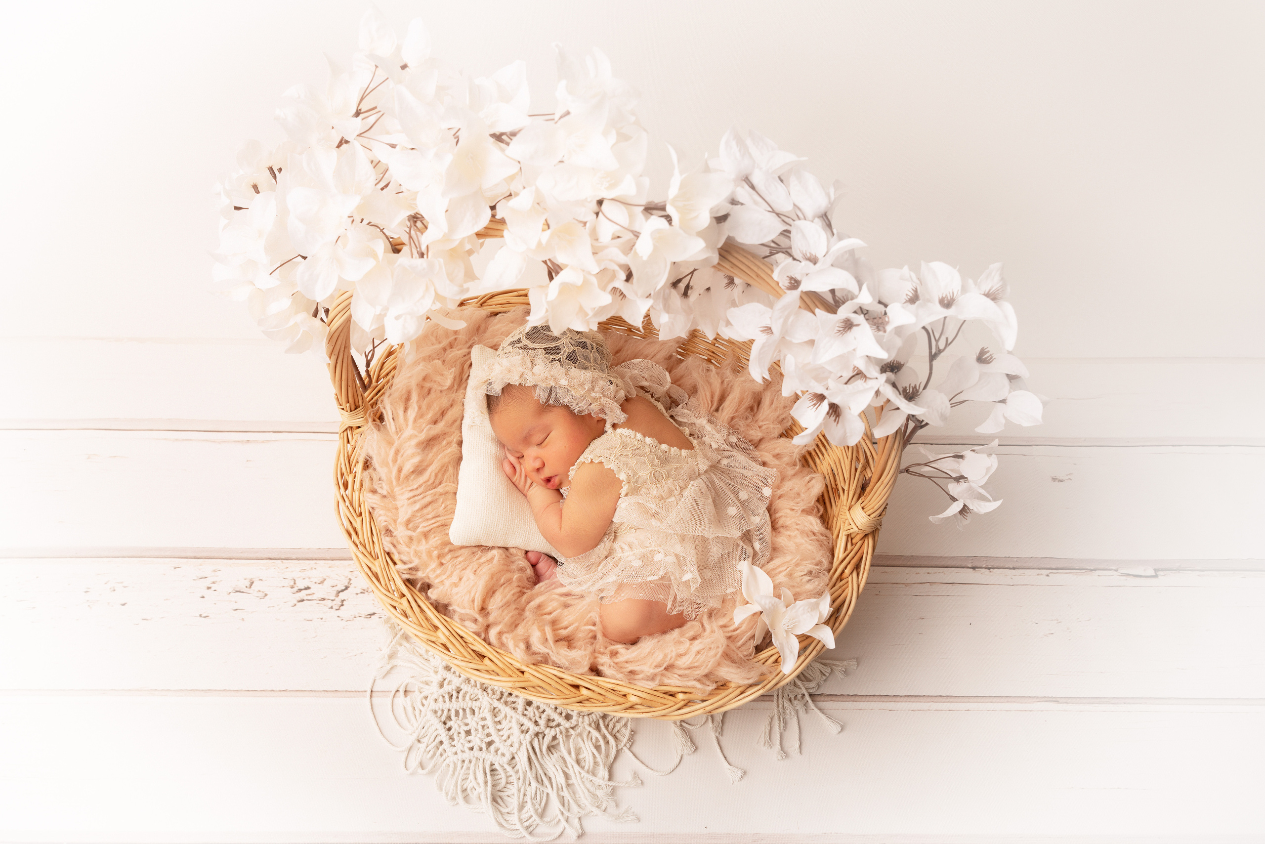 Ein kleines Schatz schläft in einer Schüssel mit Blumen