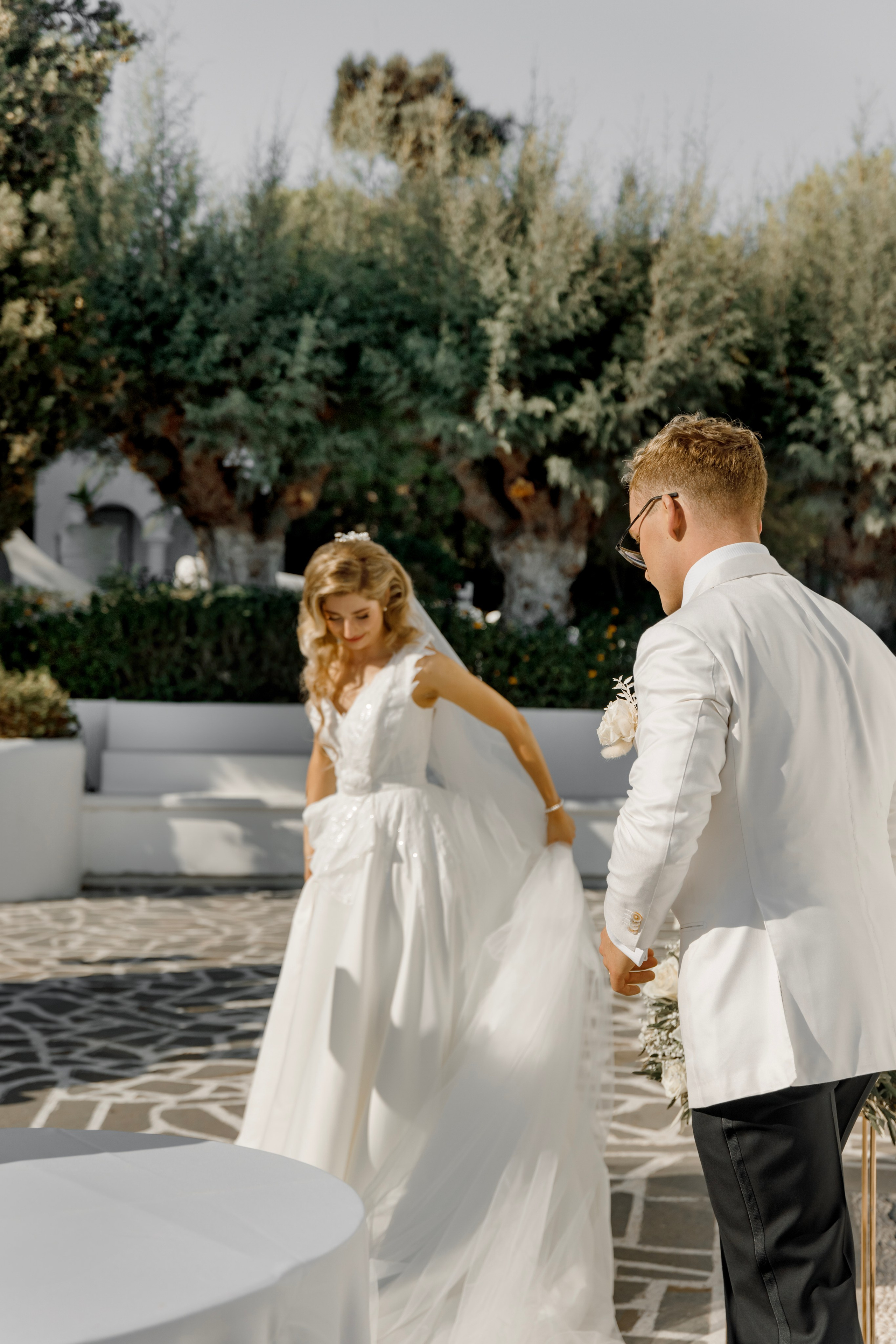 Bride an groom's portrait. Church Agia Sofia in luxury hotel Esperos Village. Rhodes Greece