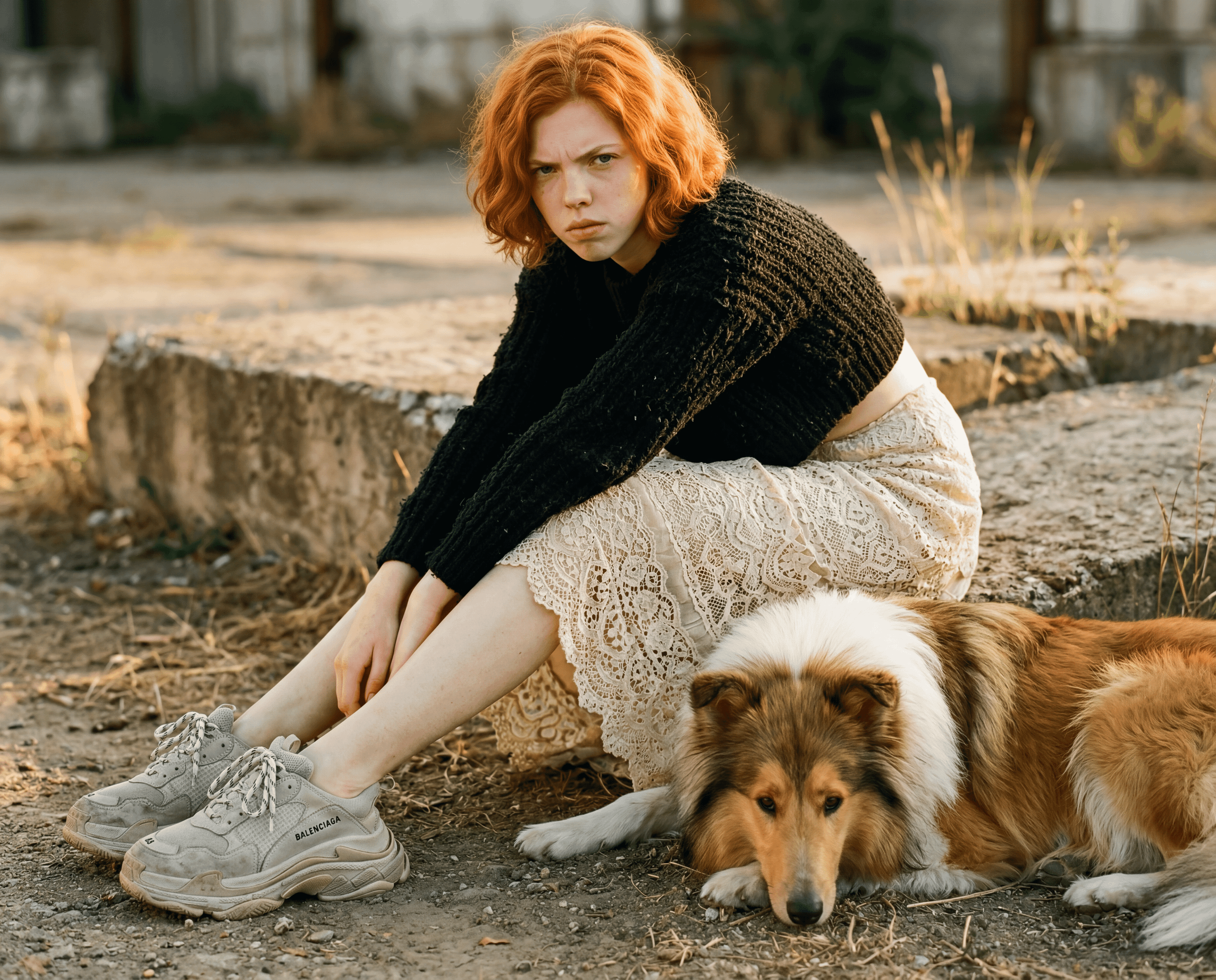 red-haired woman sitting beside rough collie dog in natural landscape at golden hour, cinematic editorial portrait photography