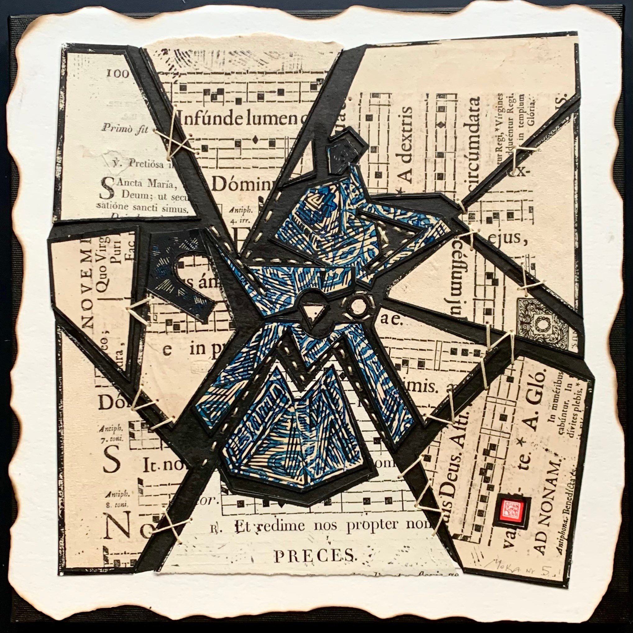 moka collage artwork square canvas dancing paper futurist series collection blue pattern Music score Gregorian chant  collection, linocut print, handmade, coffee, square, art collection, caffettiera, legend