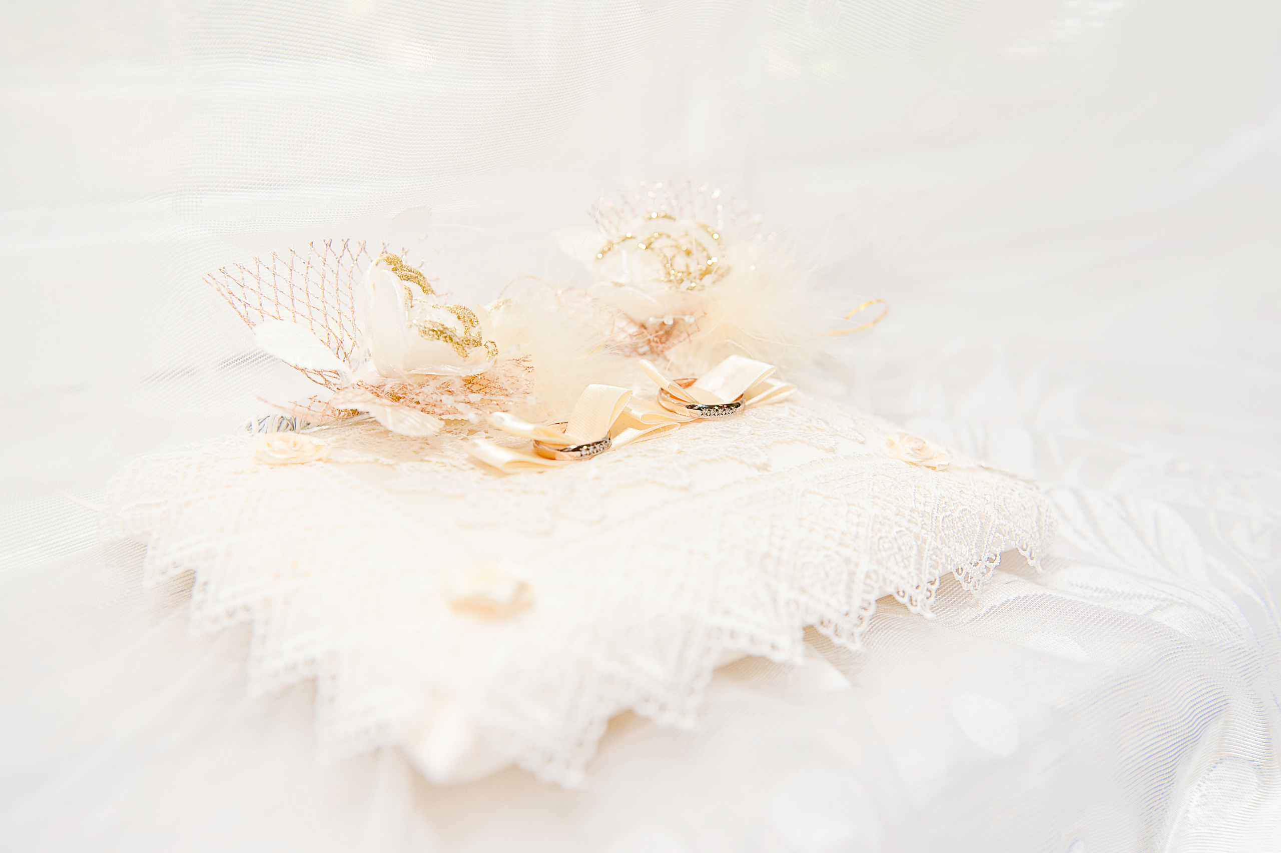 Свадебная фотосессия в Москве. Обручальные кольца жениха и невесты на белой подушечке