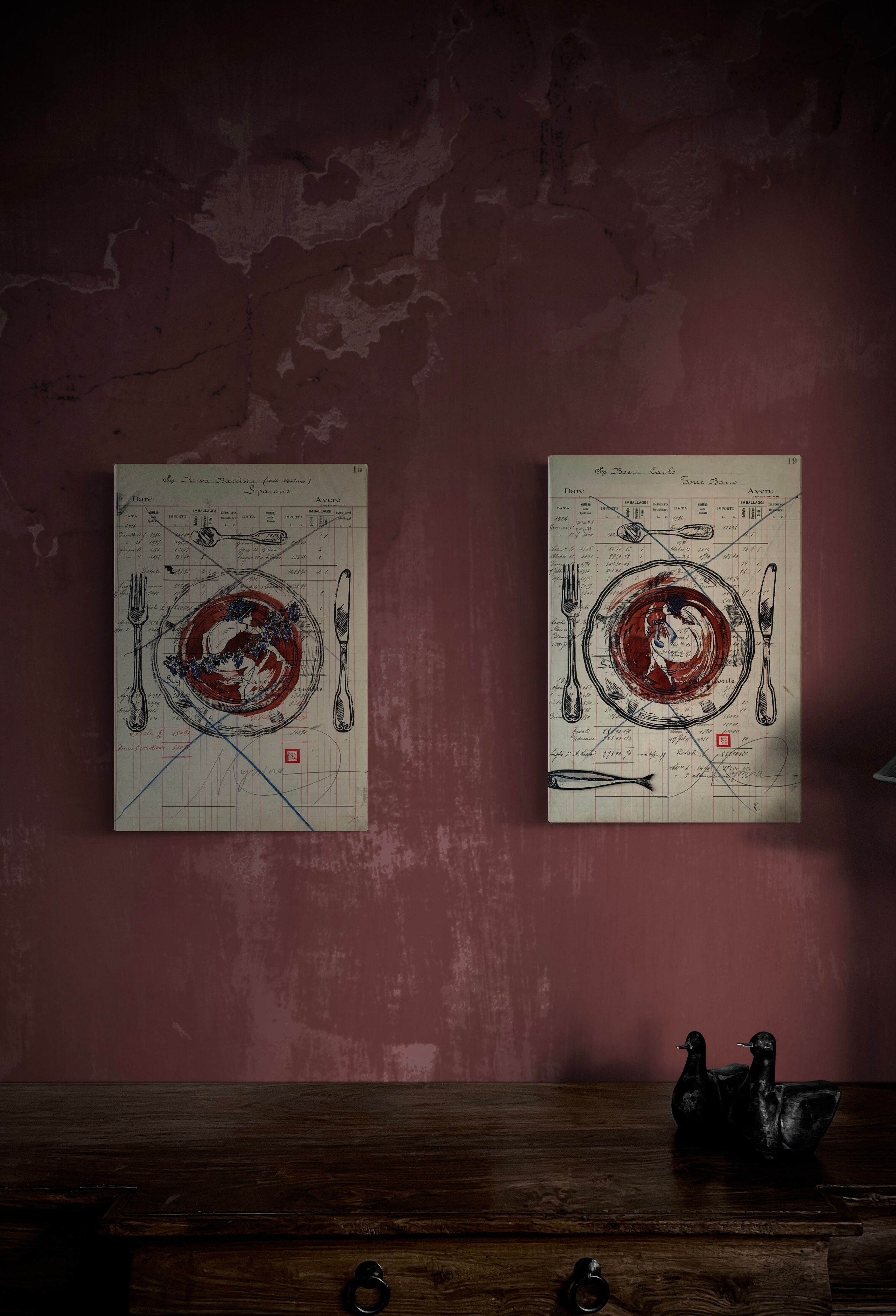 Nr. 19 PANEM QUOTIDIANUM. 29.5 cm  x 43 cm Linoleografia stampata a mano su pagina di un registro di un’azienda vinicola del 1920. Ispirazione ellenica. 