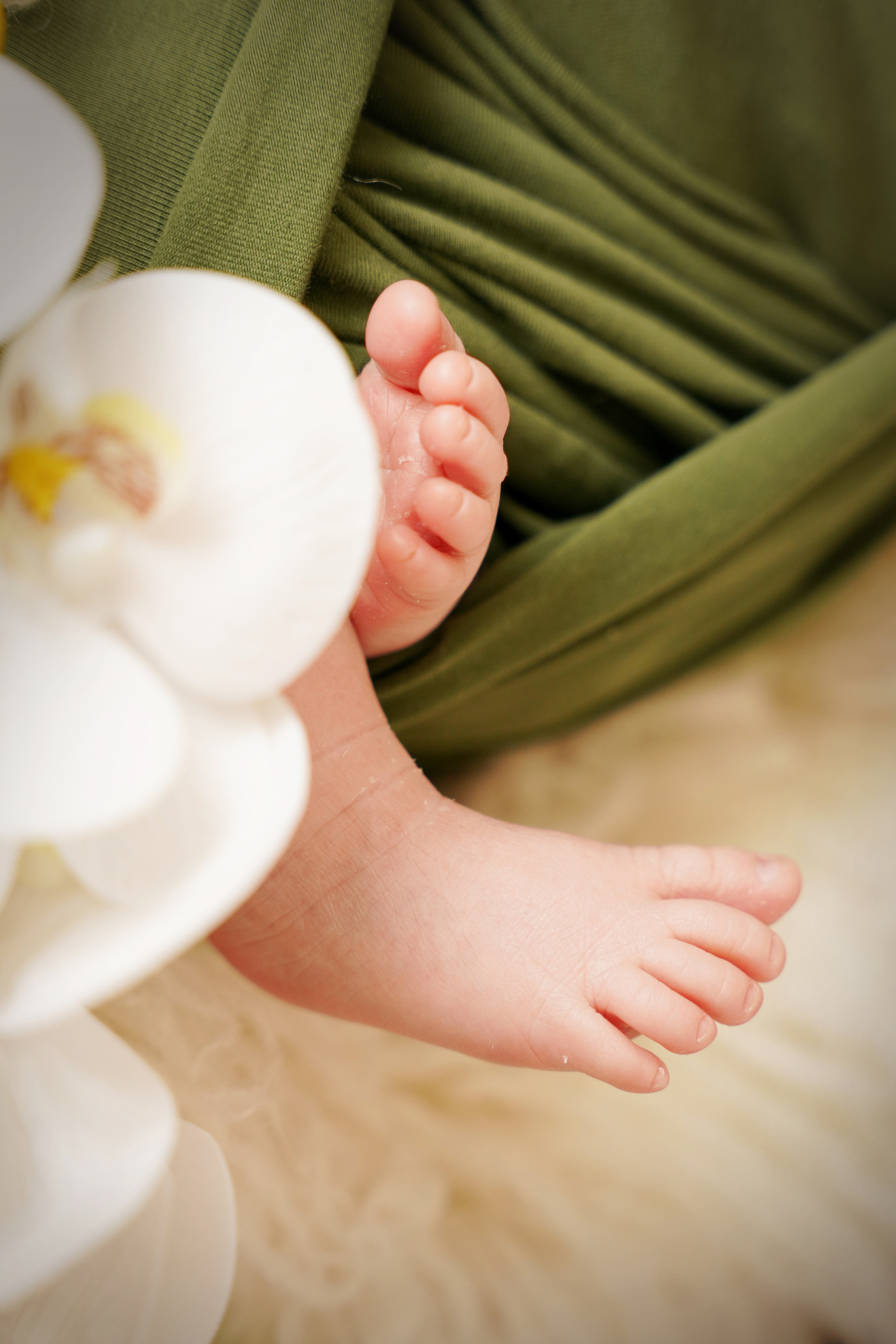 Die Beine eines neugeborenen Mädchens ragen hinter einer weißen Orchidee hervor