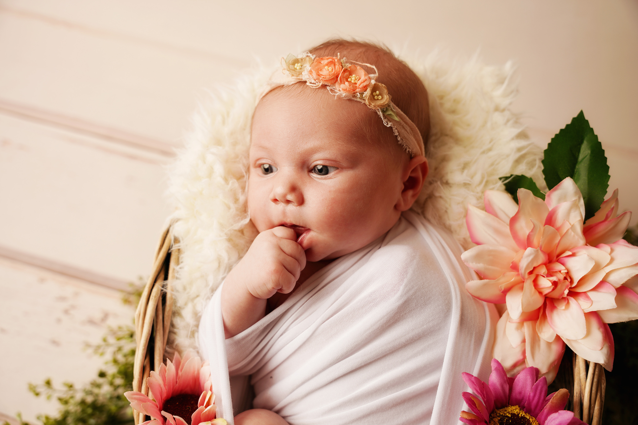 Nahaufnahmeporträt des Babys, das Daumen saugt