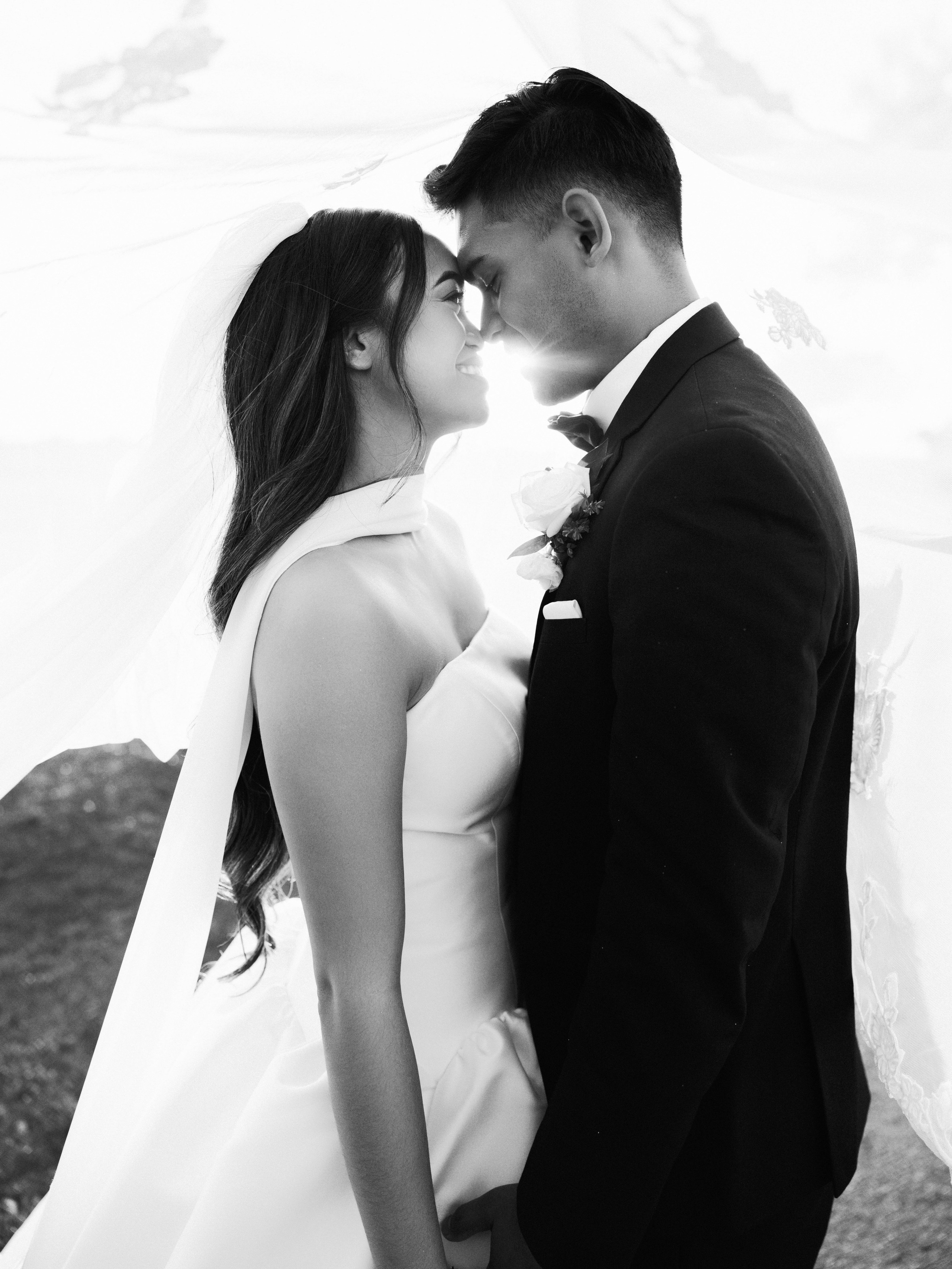 Black-and-white portrait of the bride and groom