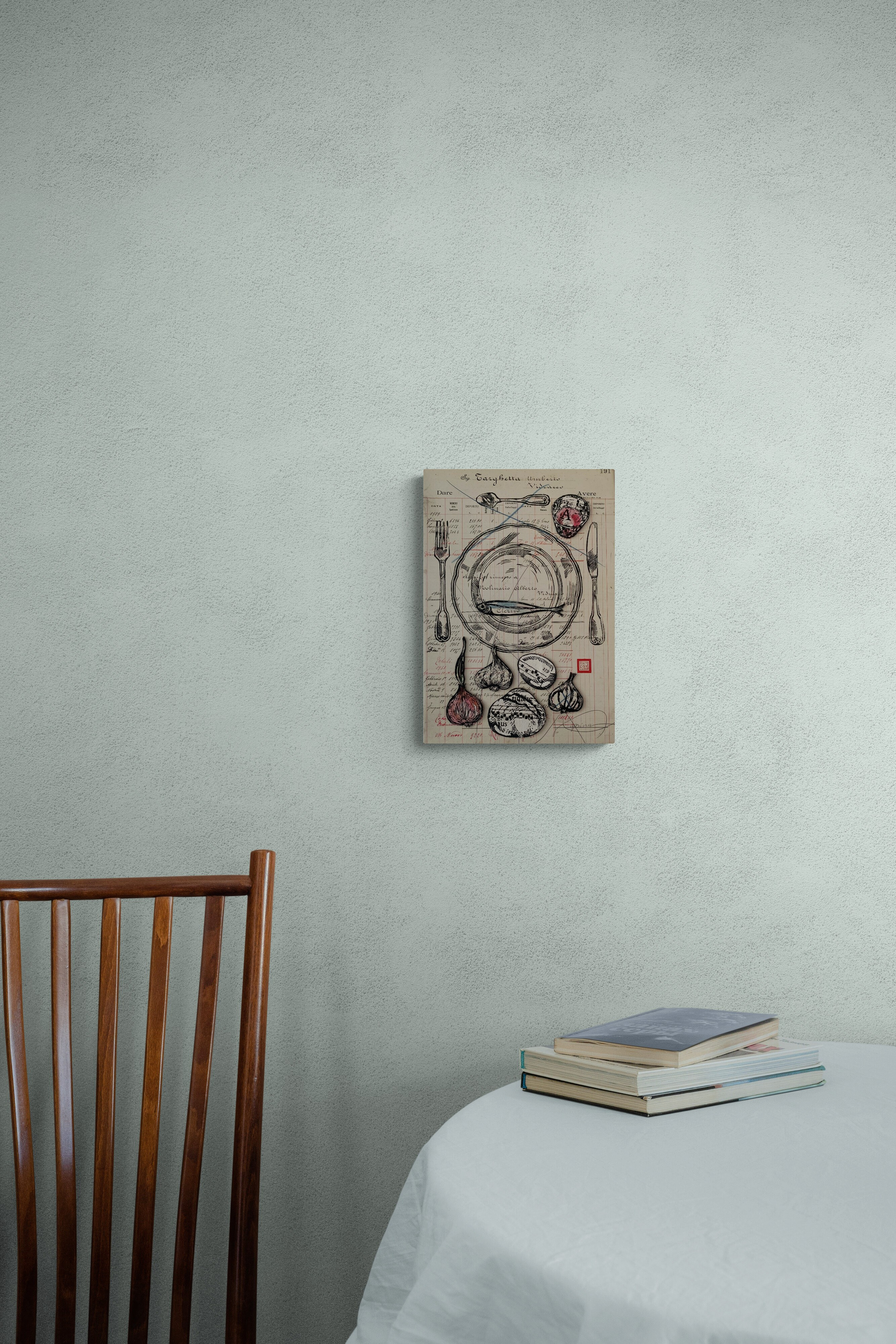 PANEM QUOTIDIANUM. 29.5 cm  x 43 cm Linoleografia stampata a mano su pagina di un registro di un’azienda vinicola del 1920. Elementi di collage.