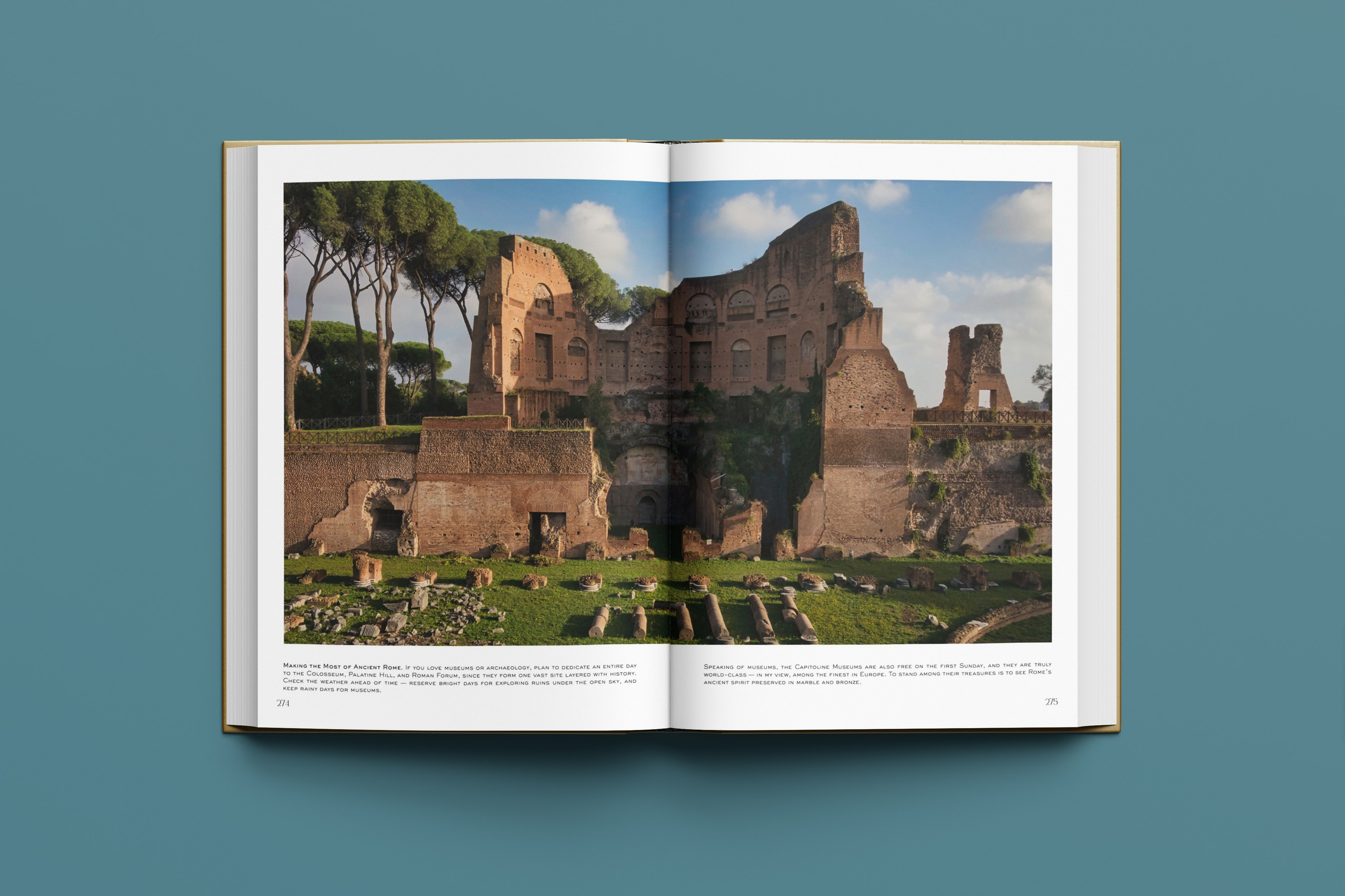 Rome, Italy – Photography Book – Rome — When Light Shapes Form – Open hardcover photography book featuring original photographs of the Roman Forum across a two-page spread – Eduardo Bartoli Photography