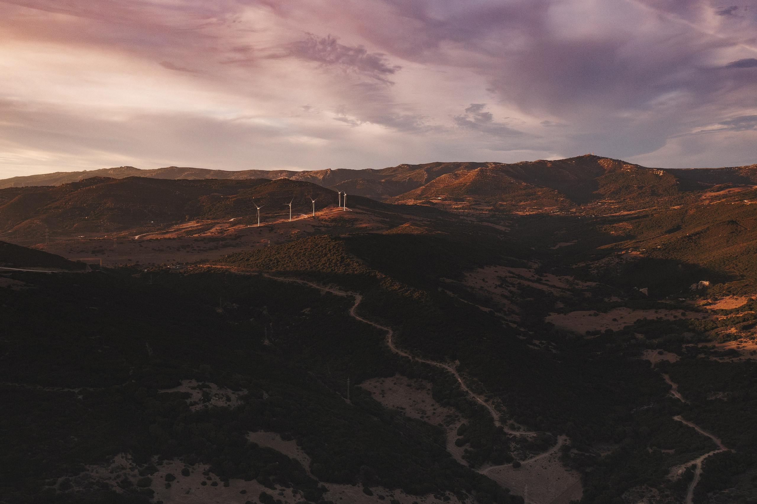 Aerial shot of wind turbines in Tarifa hills, by Marbella-based drone photographer