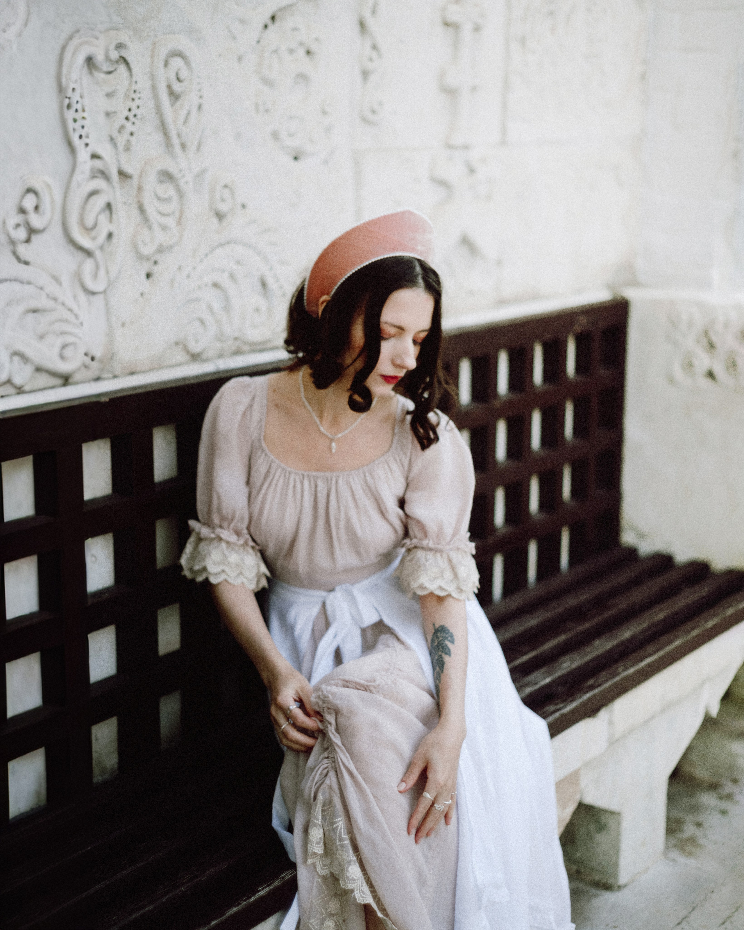Slavic folklore shoot in traditional headwear and white dress. Moth & Moss Photography