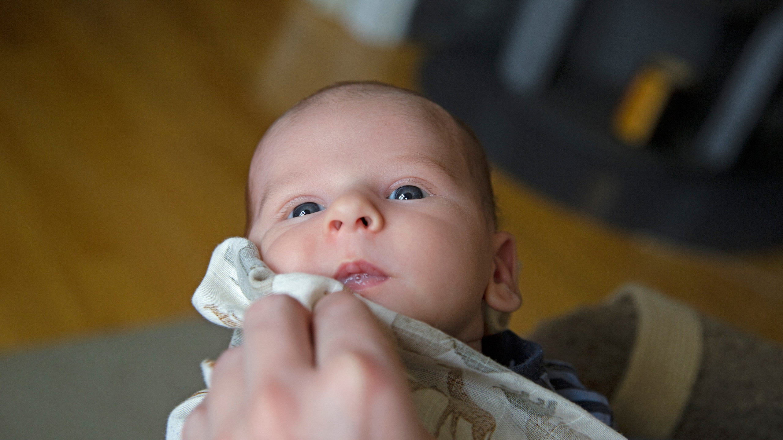 Newborn baby cuddled in mother's arms, looking up with wonder, enveloped in a loving atmosphere.