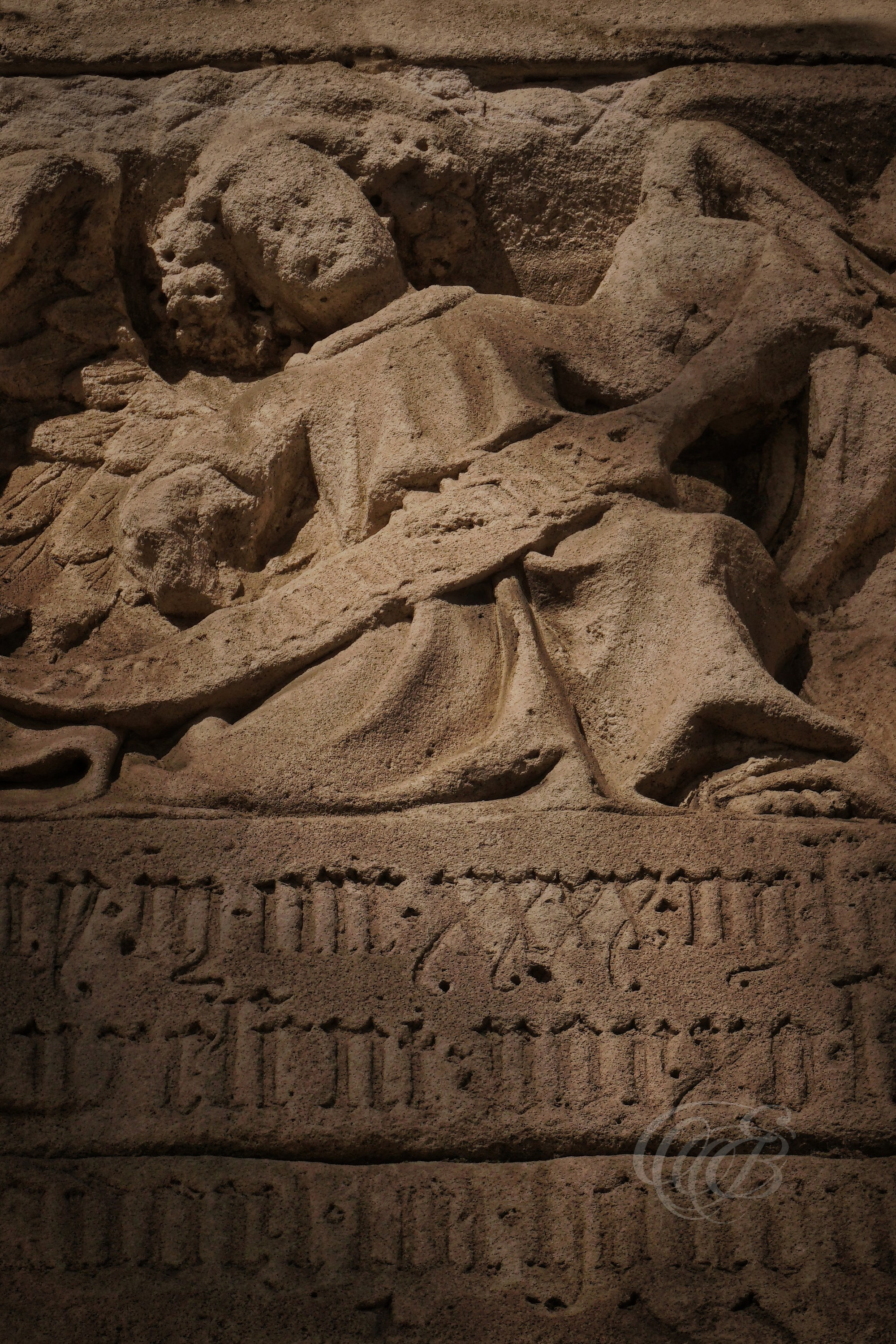 A gothic bas-relief of an angel within the Govern de les Illes Balears building, integrated into the architectural surface as part of its historic decorative elements. The relief reflects the building’s formal style and symbolic motifs commonly found in institutional architecture in Mallorca. Eduardo Bartoli Photography.