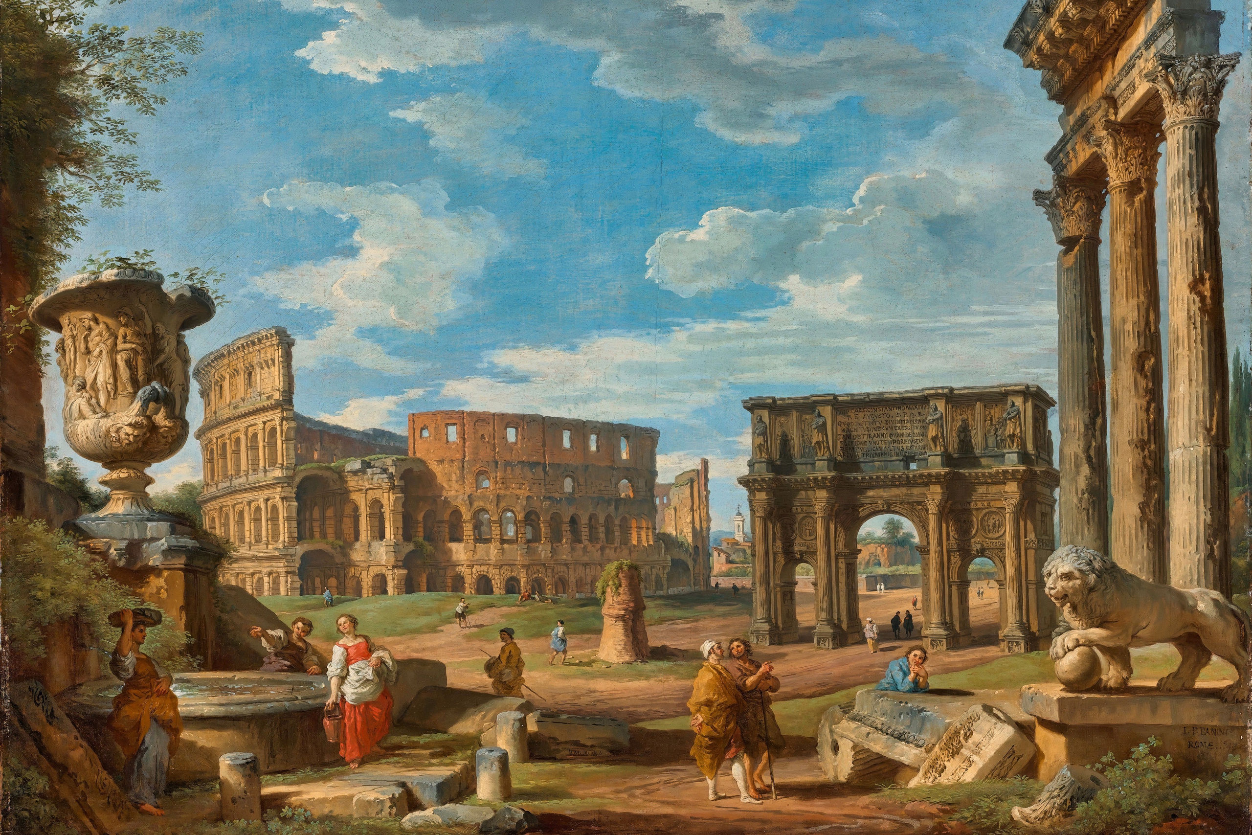 Photography of Italy – Giovanni Paolo Panini capriccio with the Colosseum and Roman monuments, 18th-century oil painting included in a photography book about Rome.