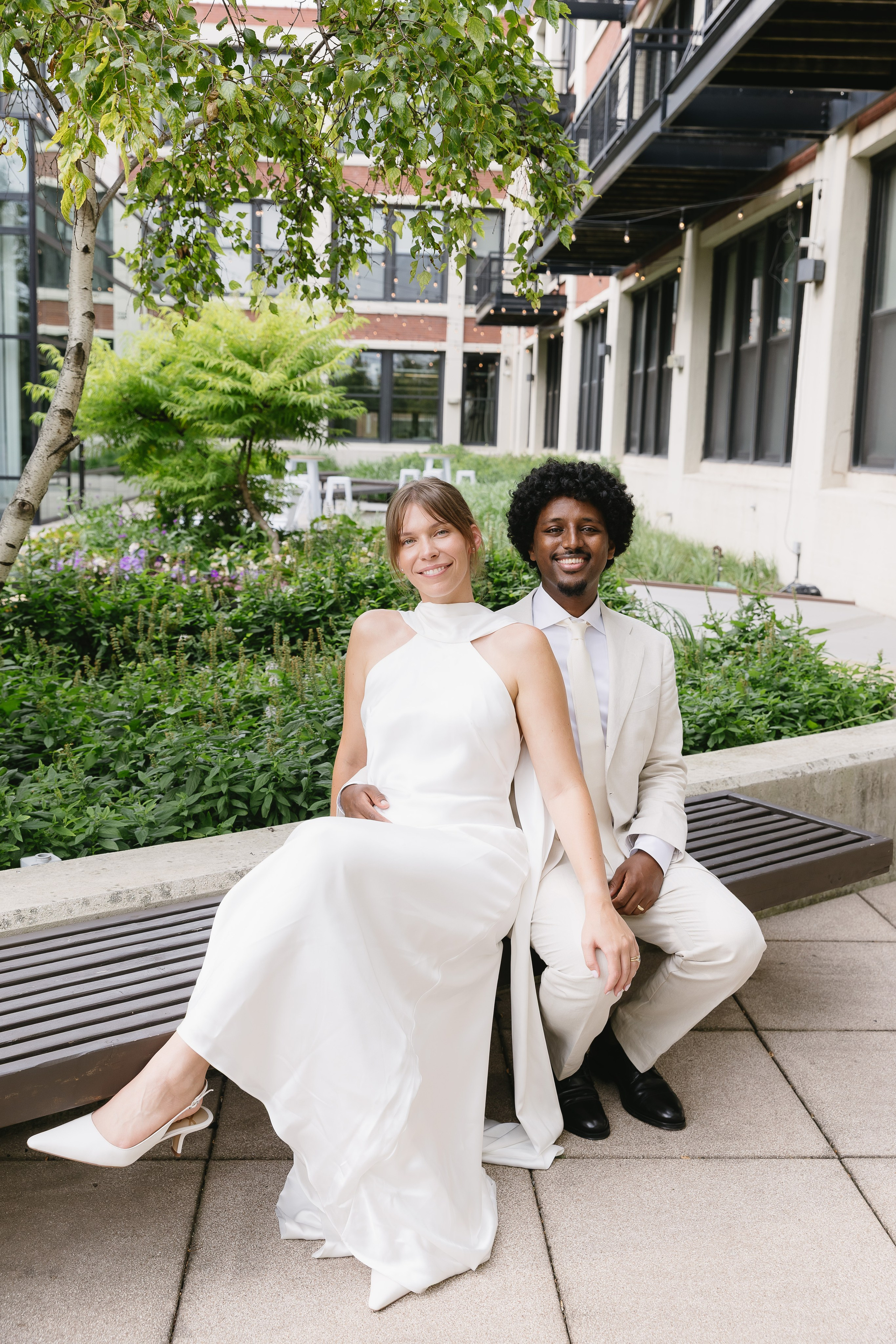 Hayley and Petros sharing an intimate moment during their wedding portraits in Chicago