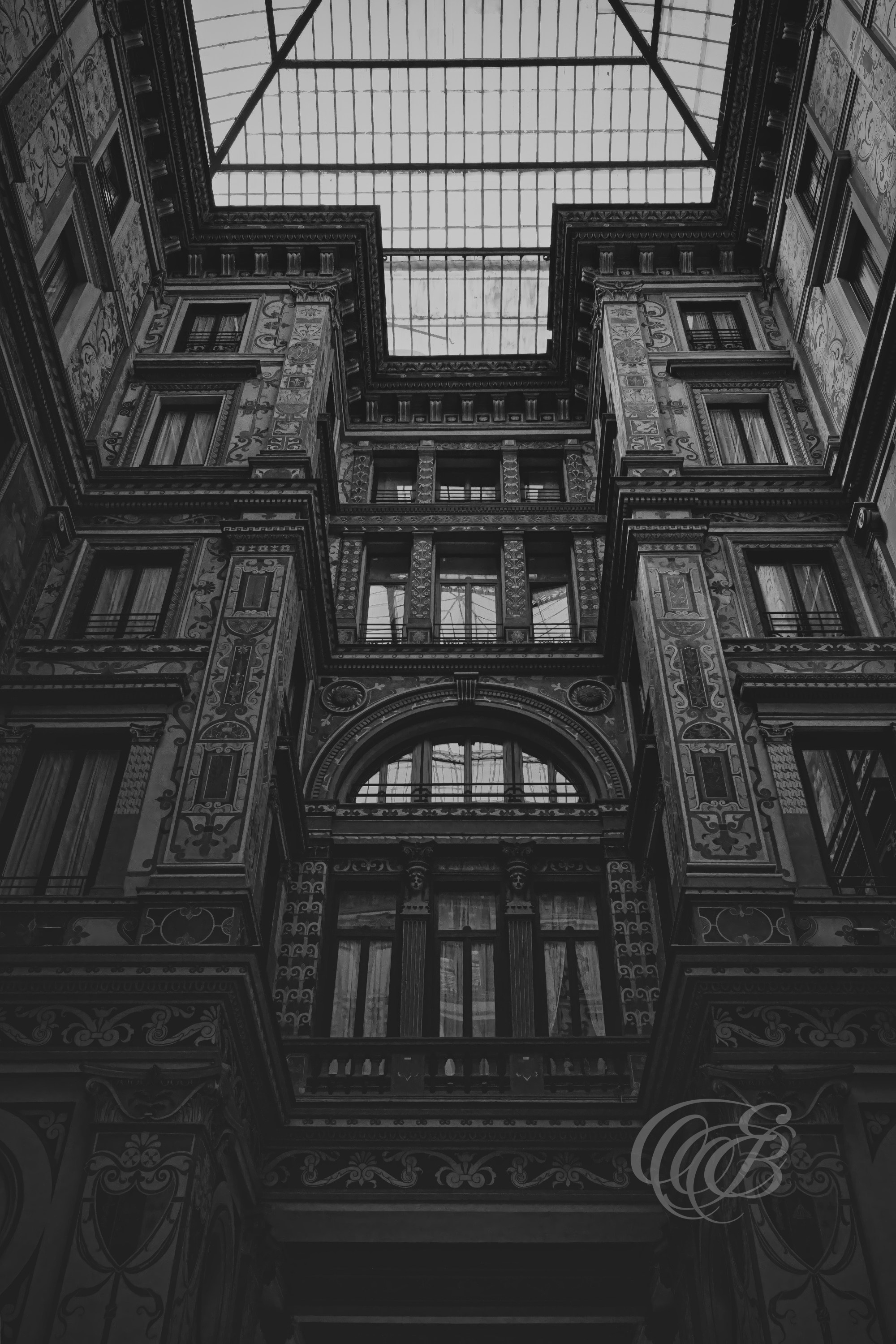 Rome Italy - The Galleria Sciarra - B&W Matte - Eduardo Bartoli Fine Art Photography - Black and white matte fine art photograph of the Galleria Sciarra in Rome, Italy – photography by Eduardo Bartoli.