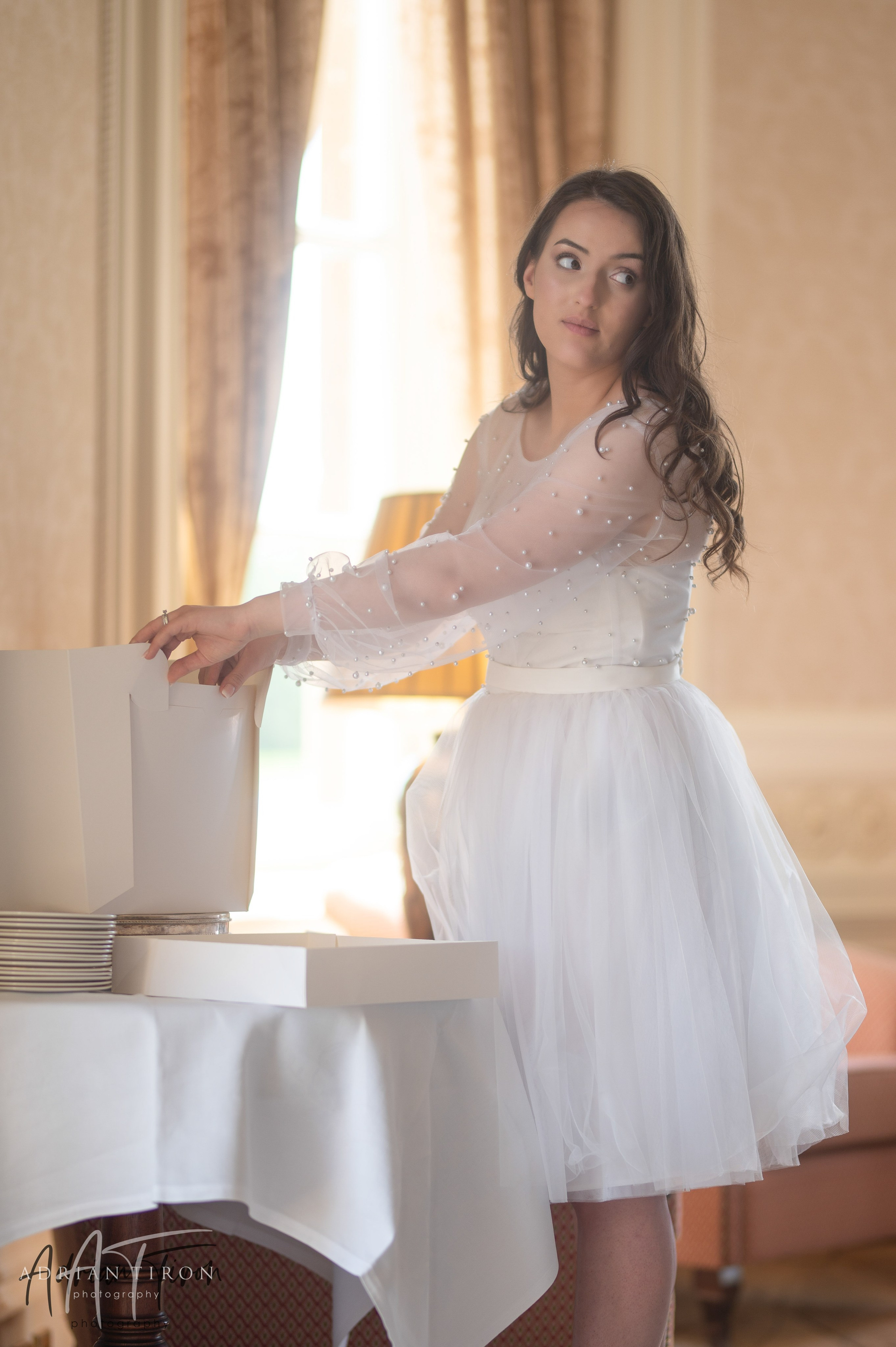 Bride standing by a mansion window at Luton Hoo, natural light