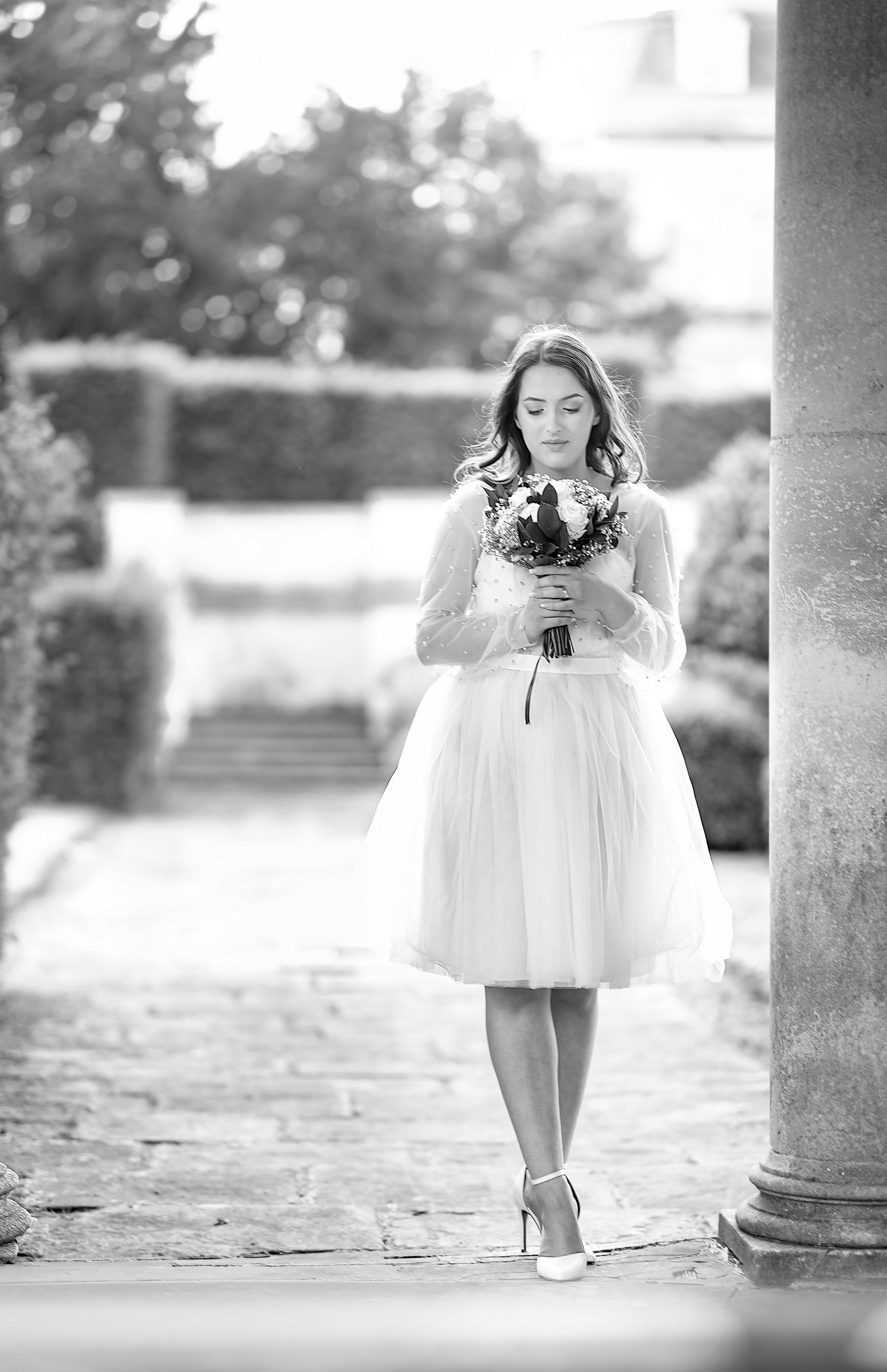 Bride portrait on the staircase at Luton Hoo, black and white