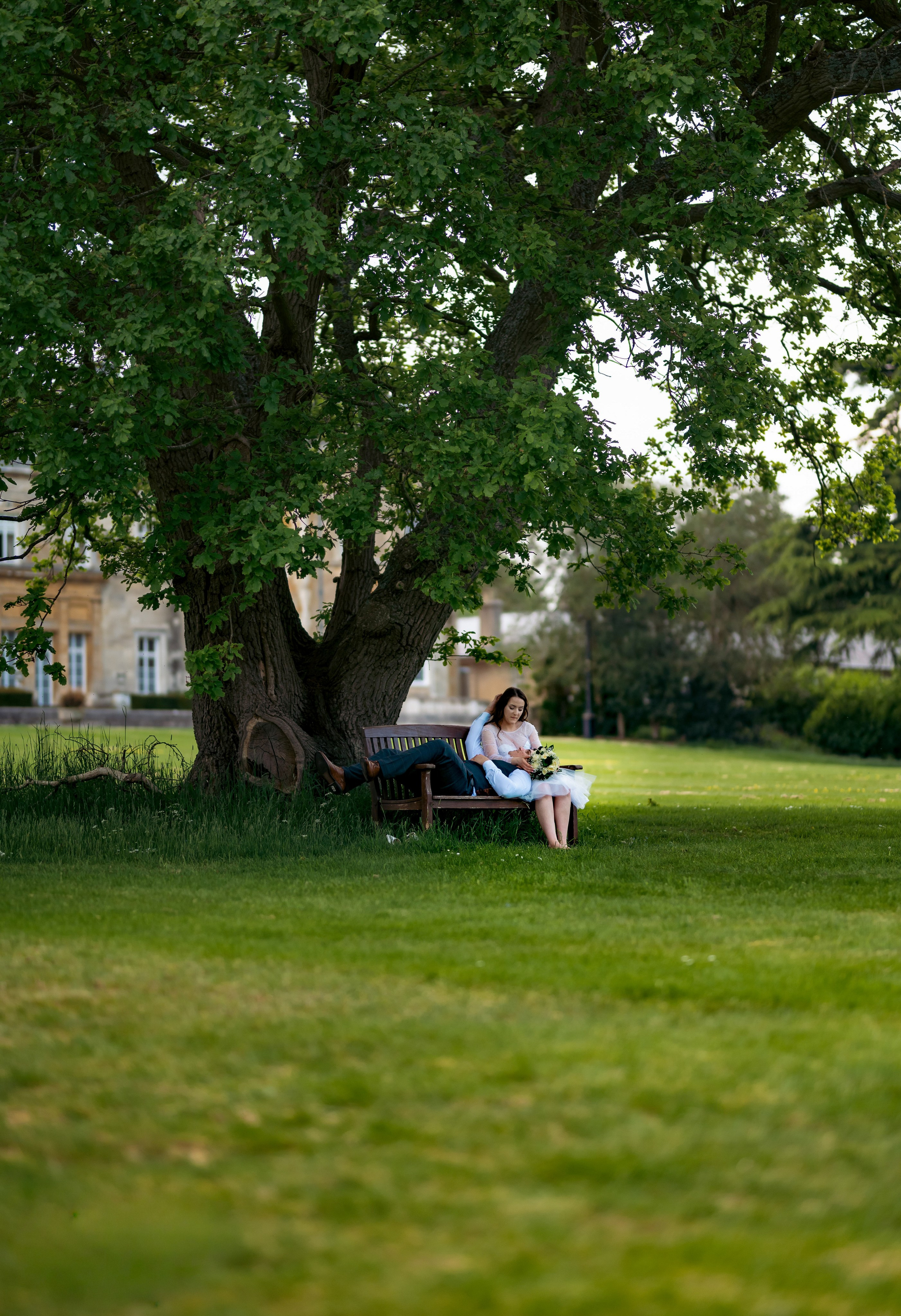 Bride and groom sitting together on a bench beneath a tree at Luton Hoo