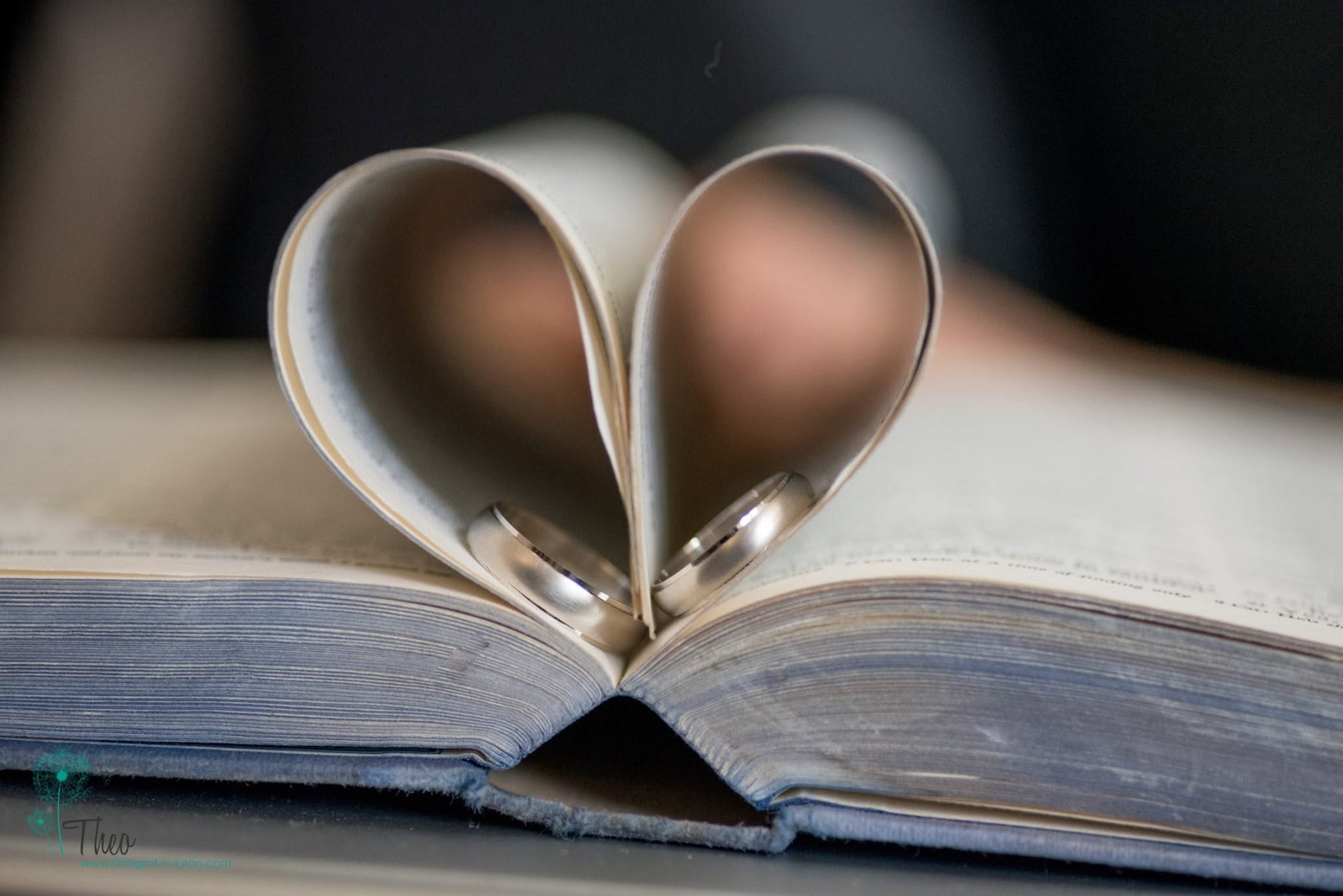 The wedding rings rest in a heart shape formed by the folded pages of a book, the newlyweds blurred behind