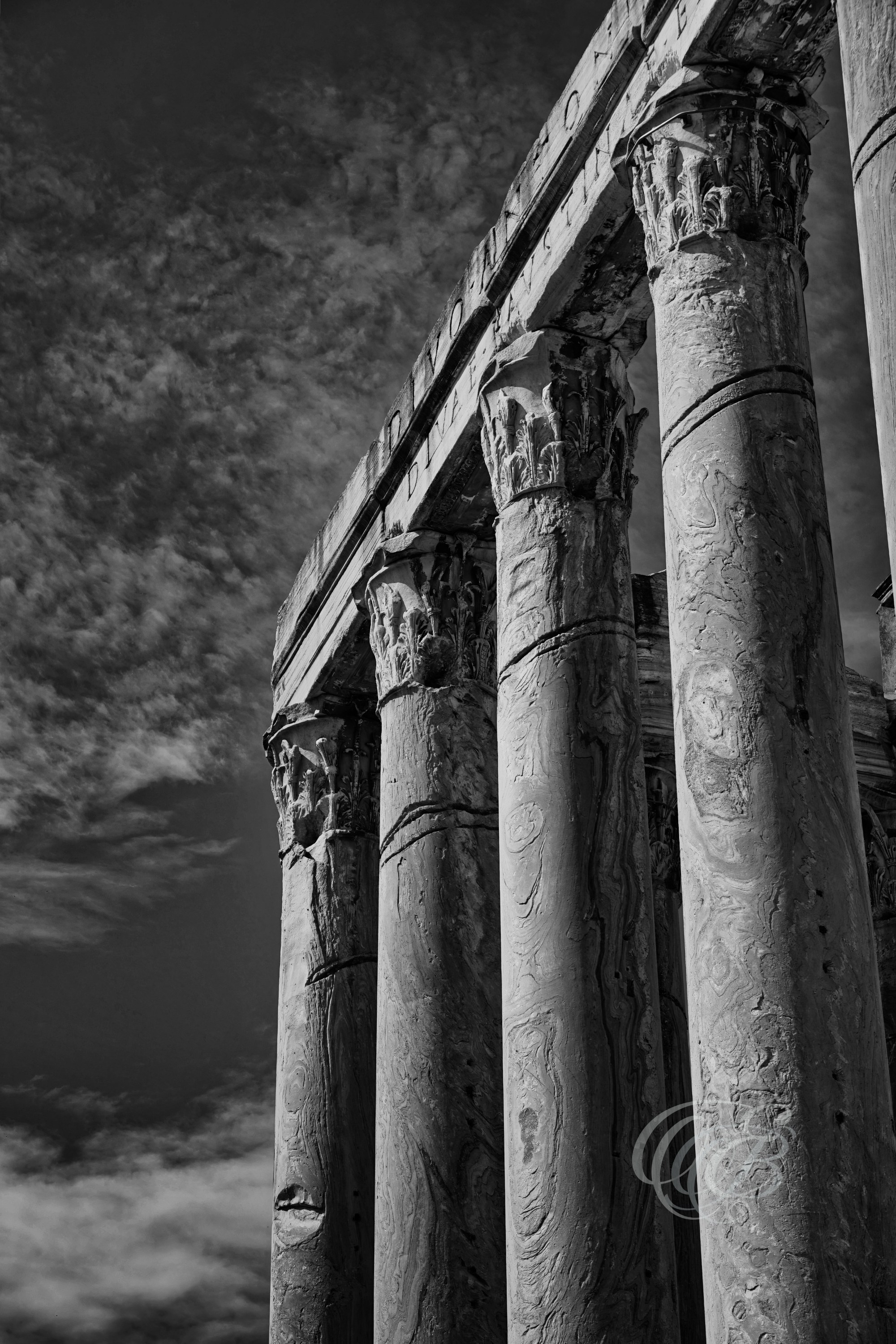 Rome Italy - Temple of Antoninus & Faustina Columns - B&W - Eduardo Bartoli Fine Art Photography - Black and white photograph of the columns of the Temple of Antoninus and Faustina in Rome, Italy – fine art photography by Eduardo Bartoli.