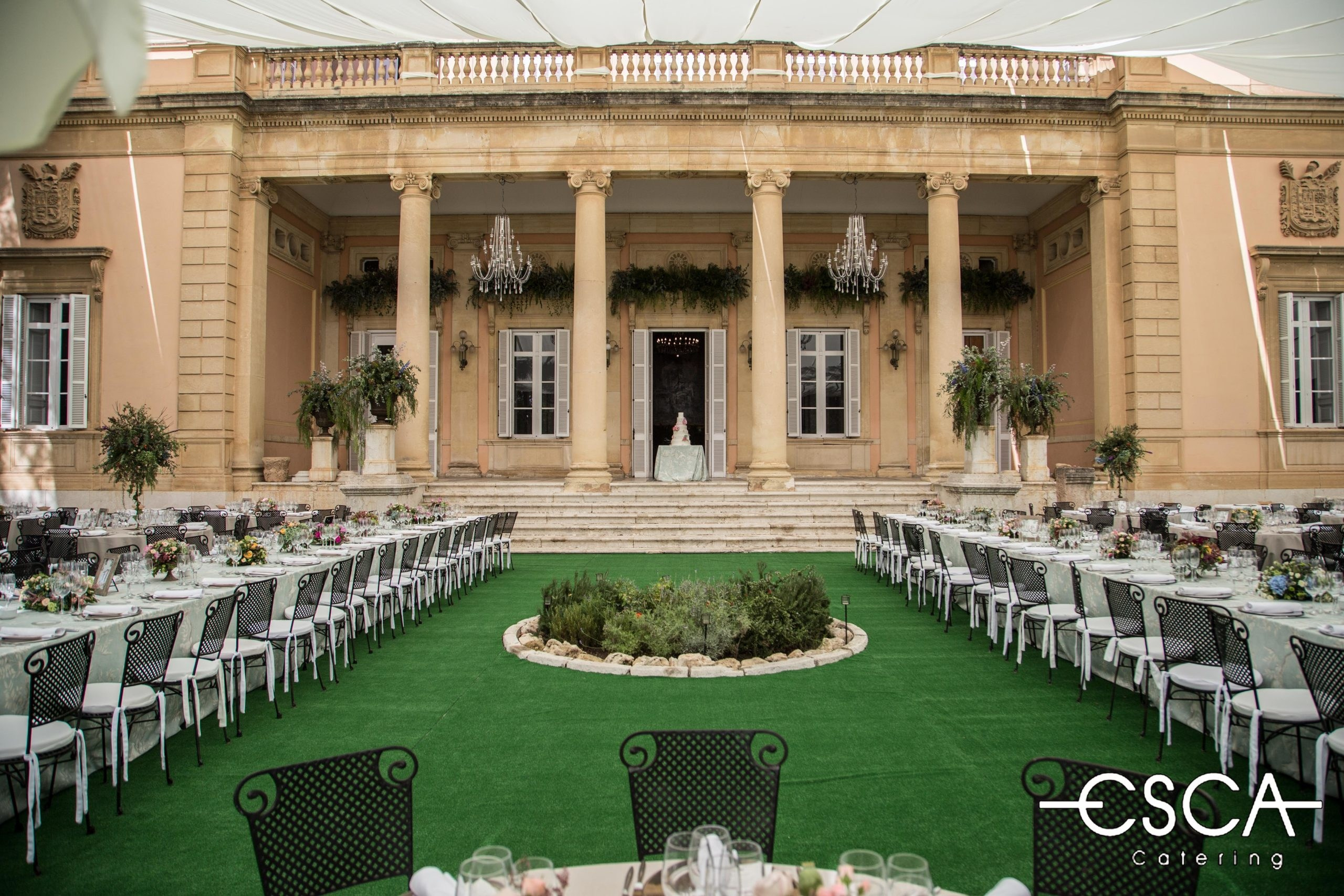 Wedding reception outdoor with long tables 